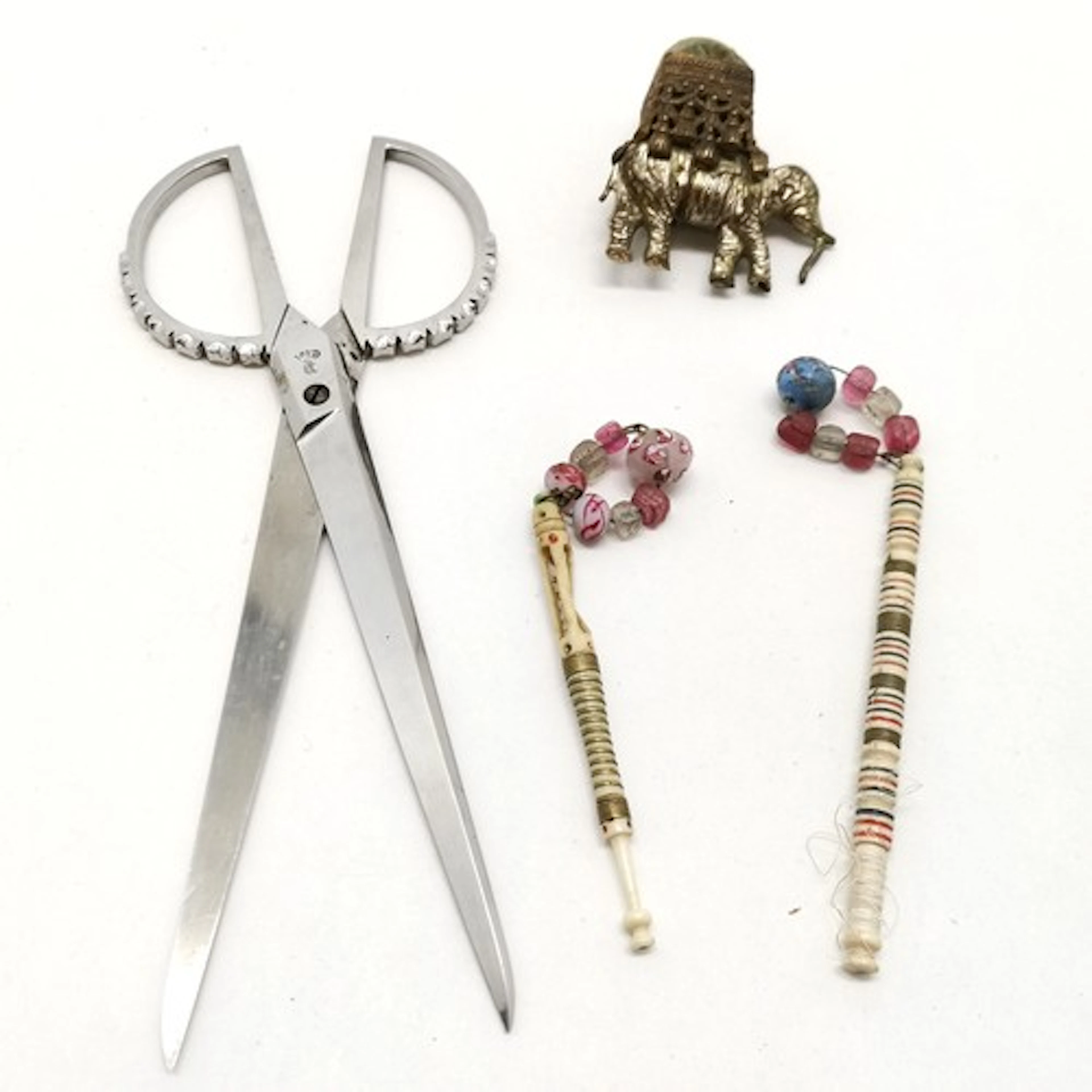Elephant pin cushion, 2 antique bone lace bobbins (1 a/f) & ...