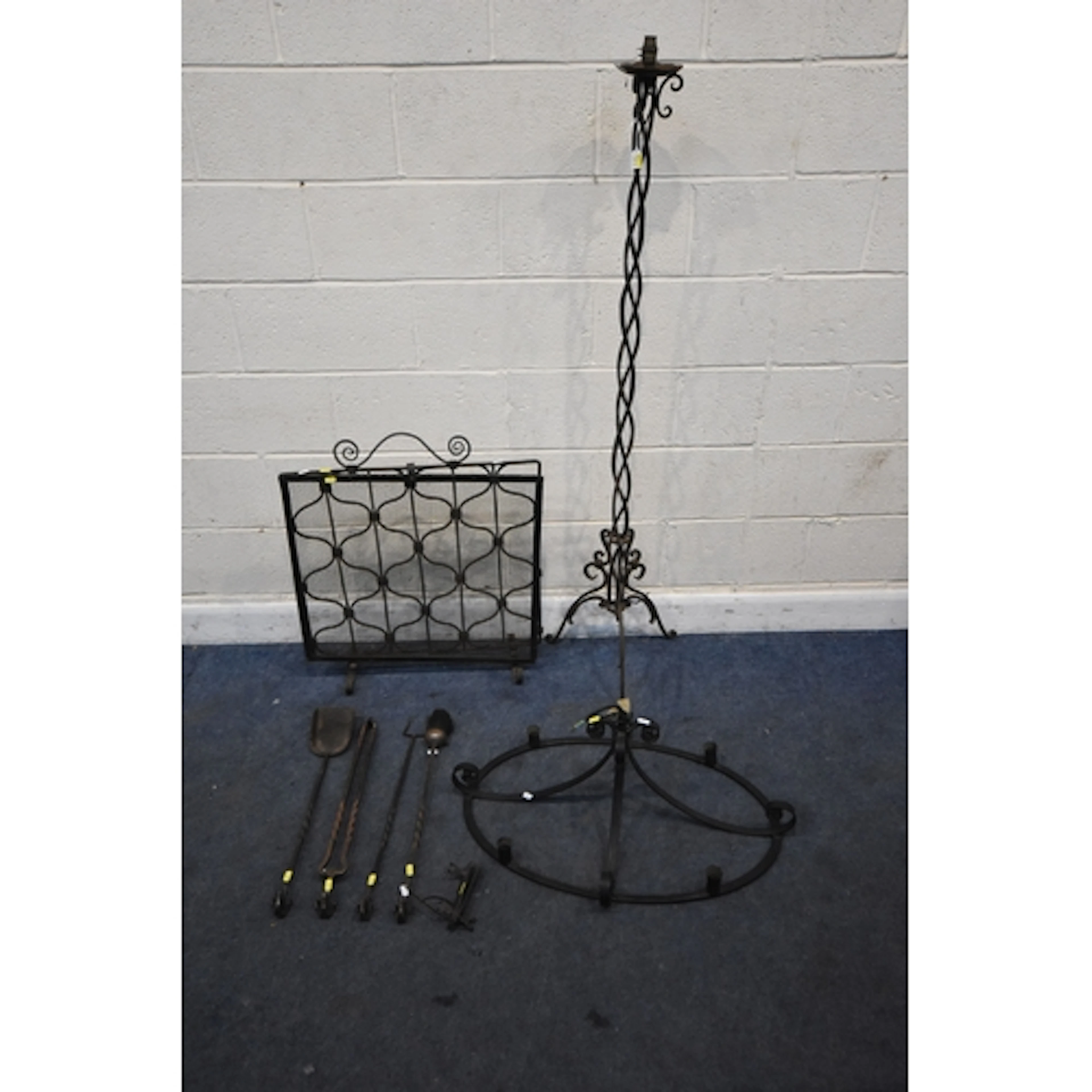 A SELECTION OF WROUGHT IRON ITEMS, to include a spiral stand...