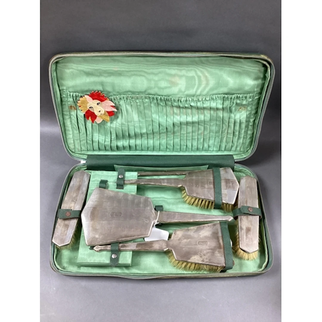A Vintage Hallmarked Silver Backed Travelling Dressing Table...