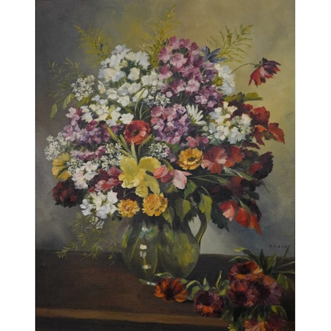 Sibylle Robertin, still life of flowers, signed, label verso...