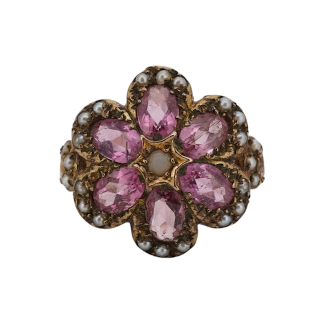 A pink tourmaline and seed pearl cluster ring, circa 1970, d...