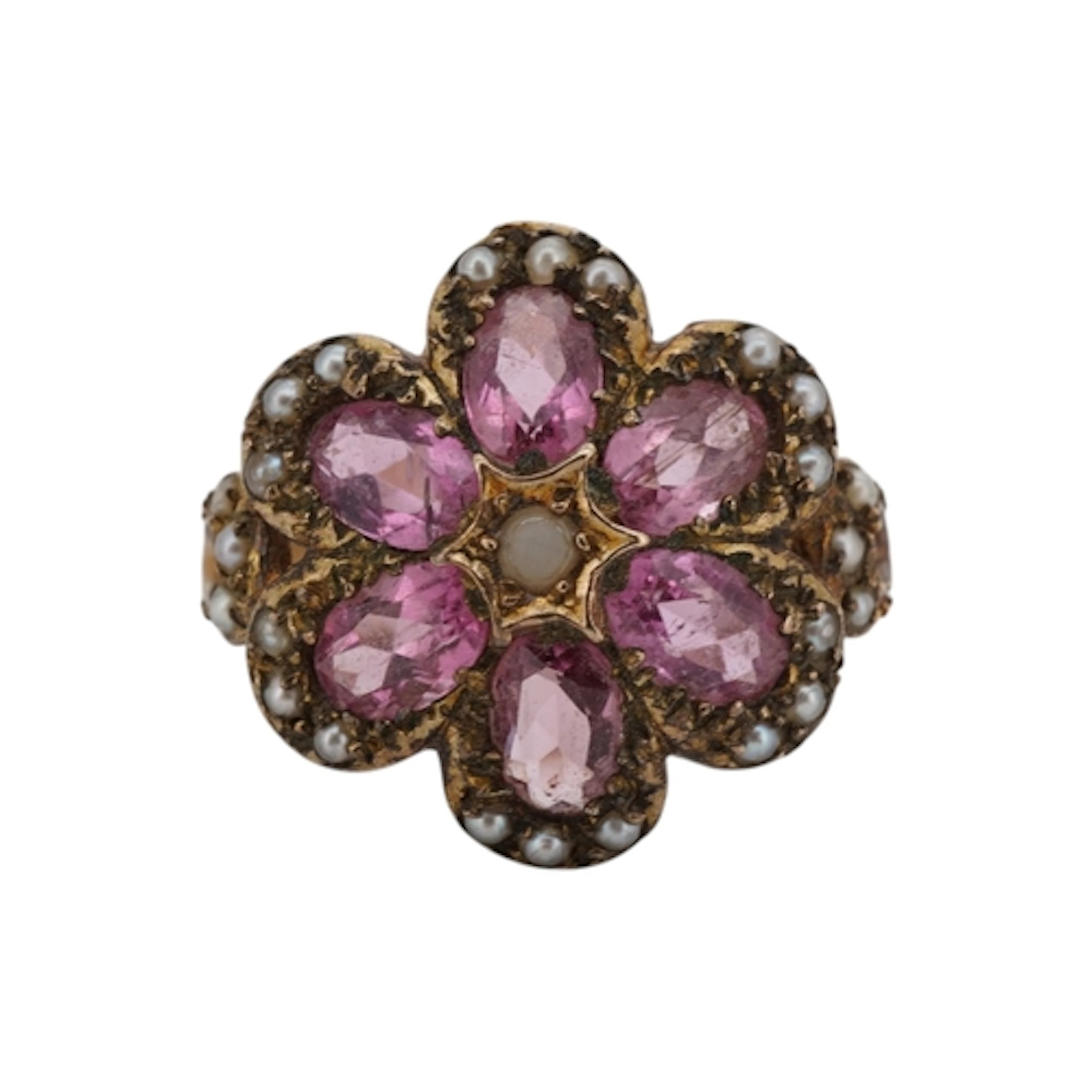 A pink tourmaline and seed pearl cluster ring, circa 1970, d...