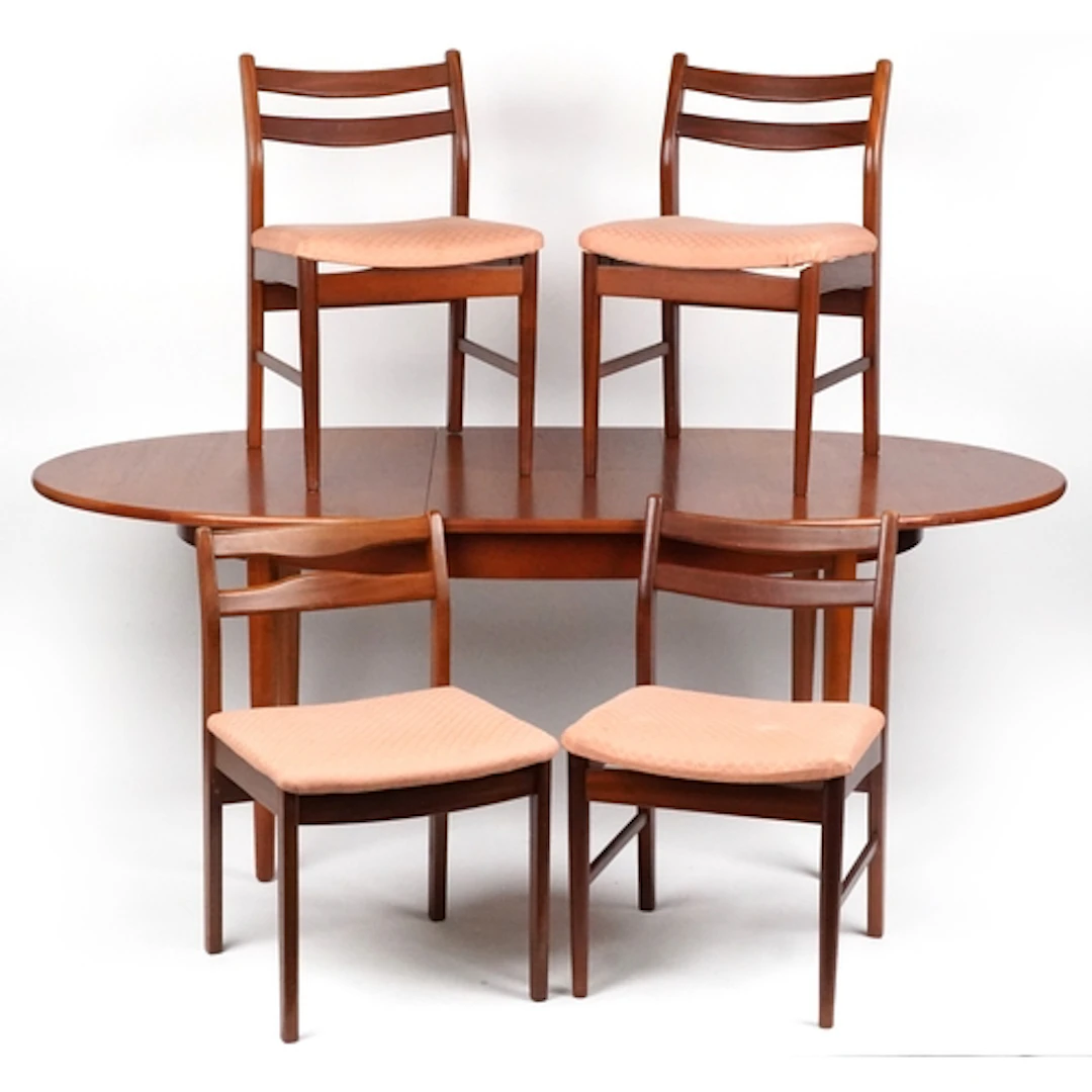 Mid century teak extending dining table together with a set ...