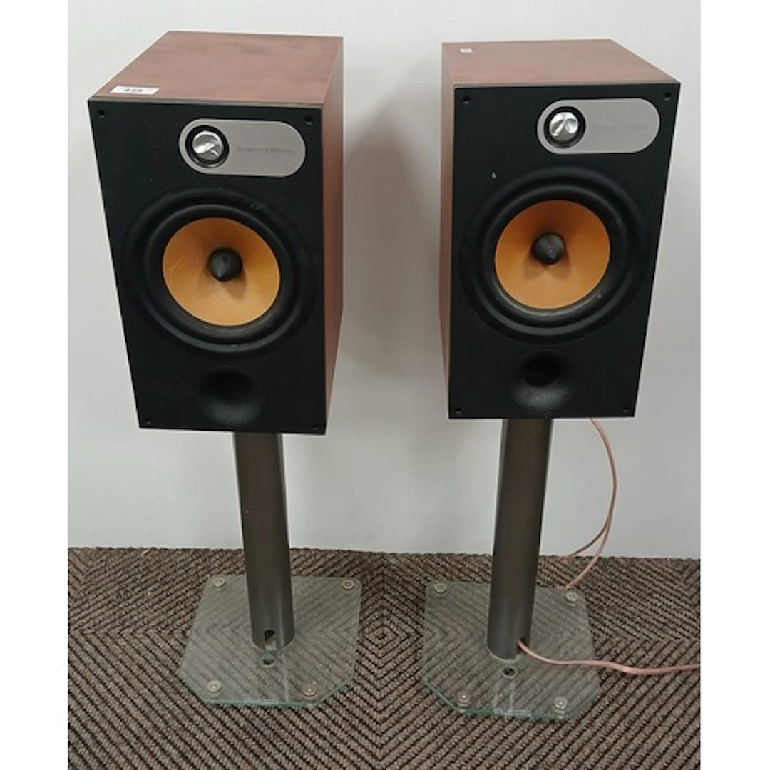 Pair of Bowers and Wilkons speakers on stands (sold as seen)