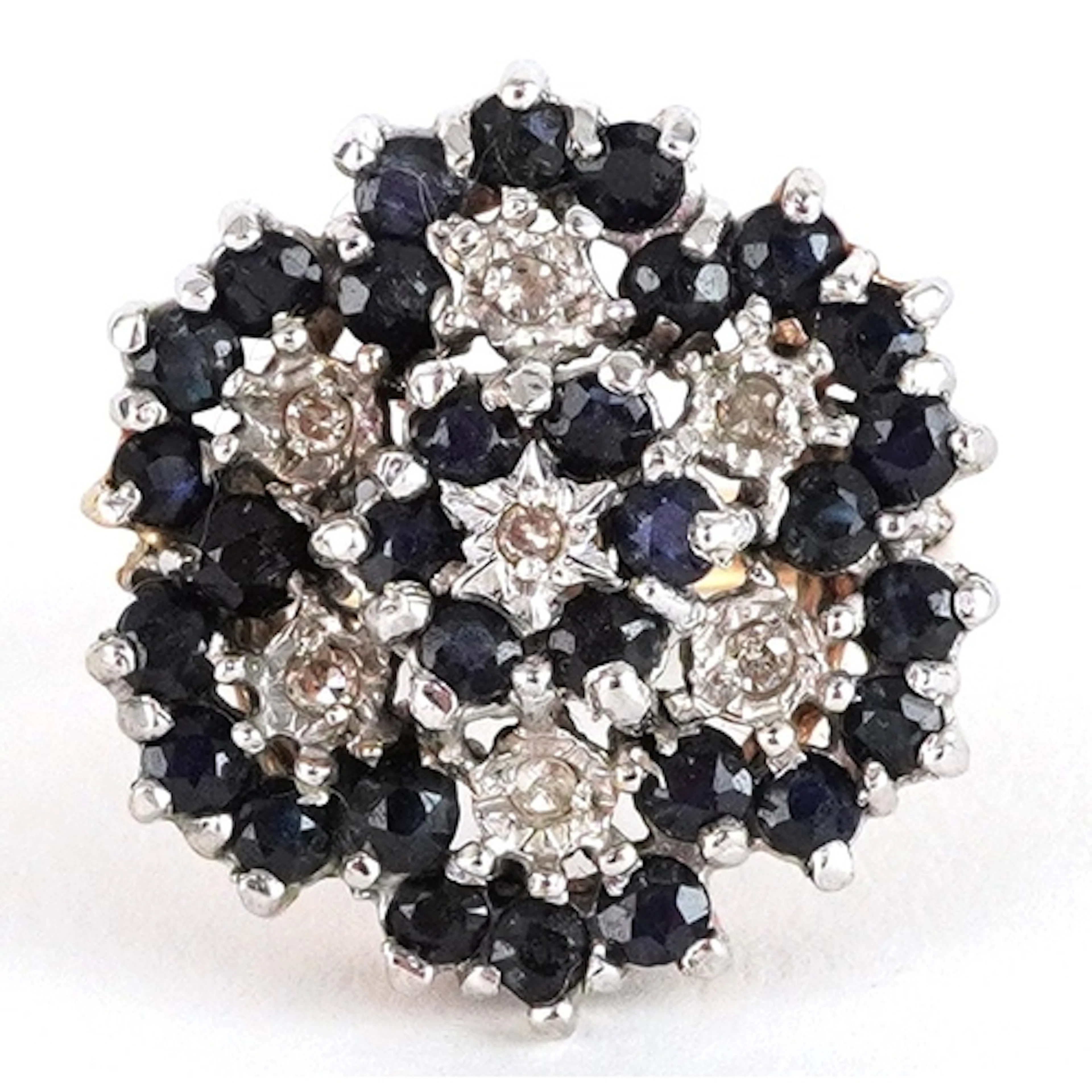 Large 9ct gold diamond and blue spinel flower head ring, siz...