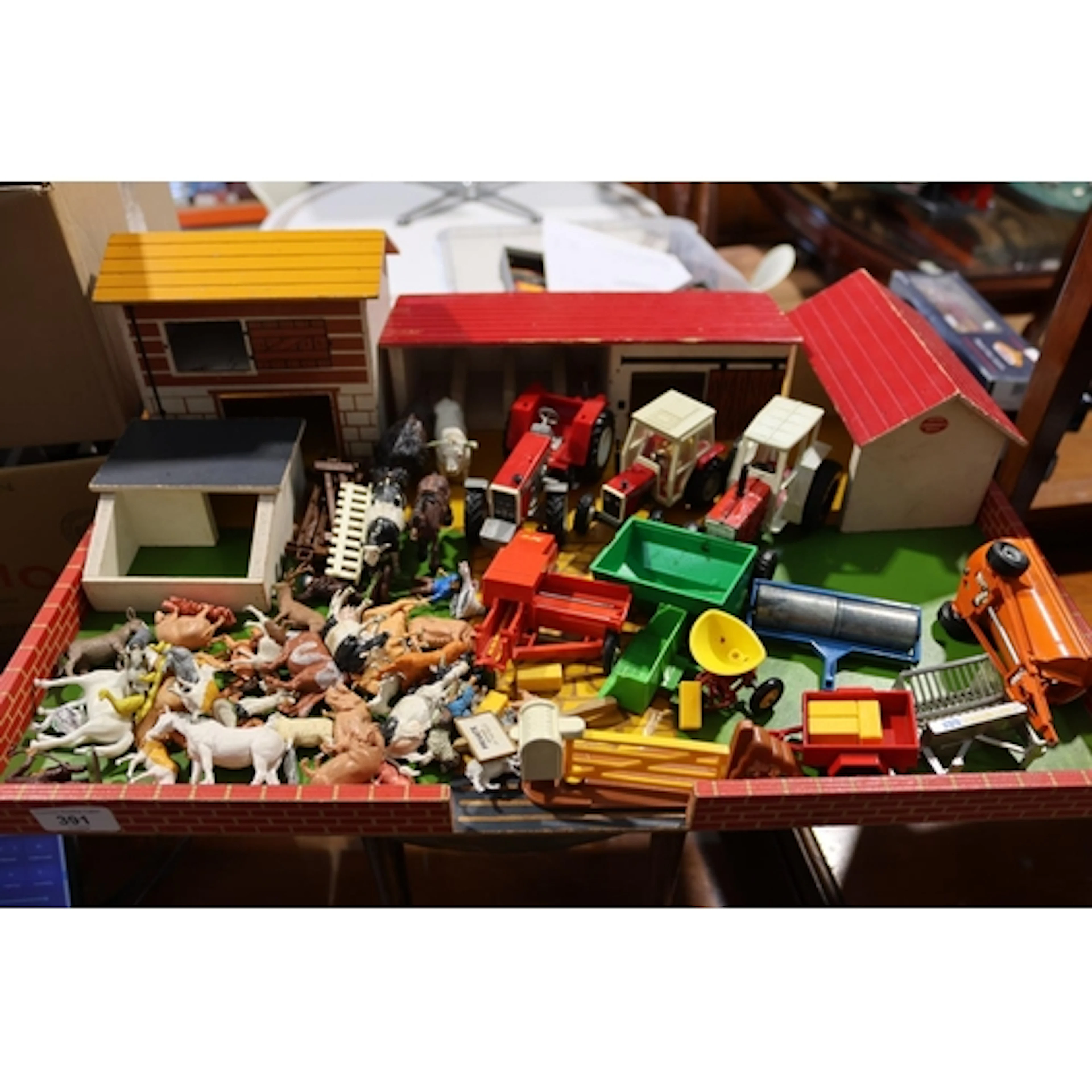 Wooden farmyard model with Dinky Toys 279 roller, Matchbox K...