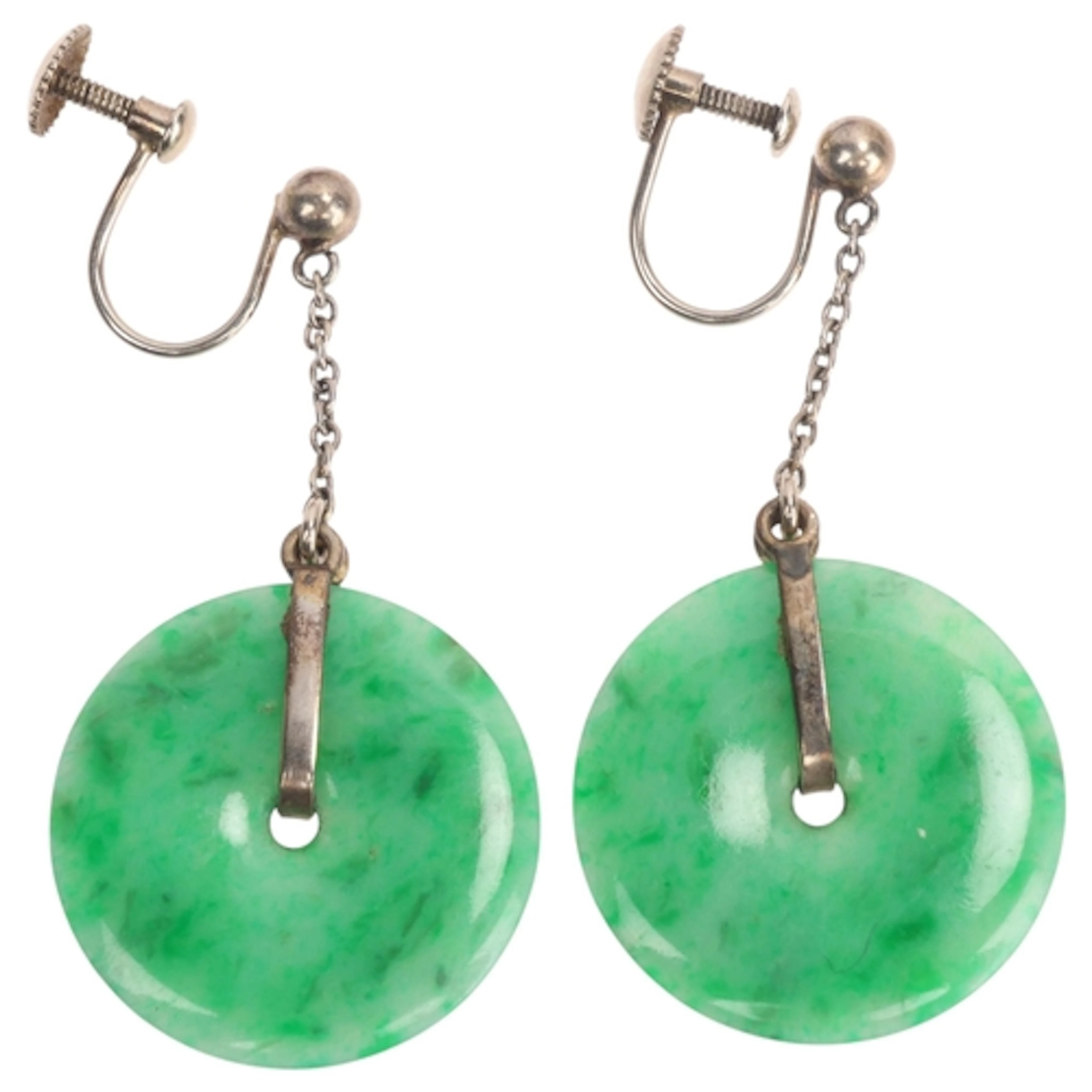 A pair of Chinese 9ct white gold jade bi disc drop earrings,...