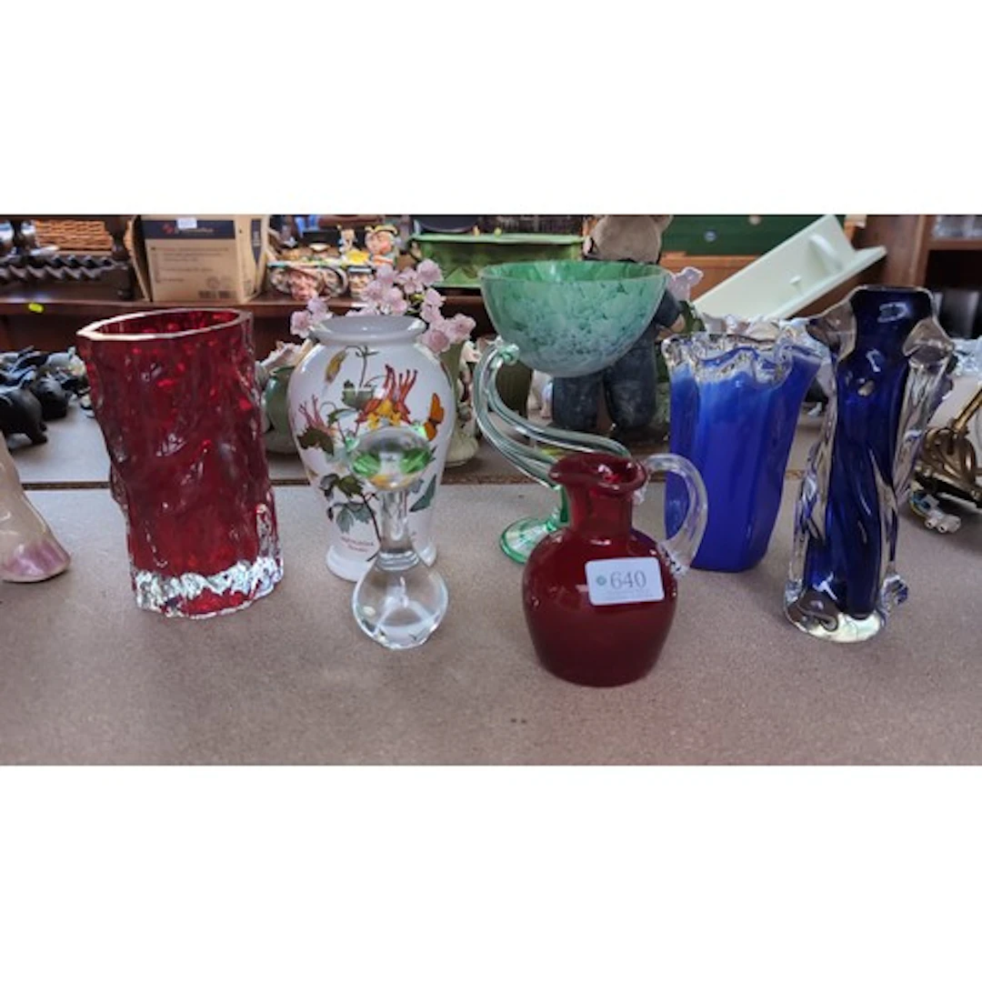 A group of coloured art glass inc. whitefriars ruby red bark...