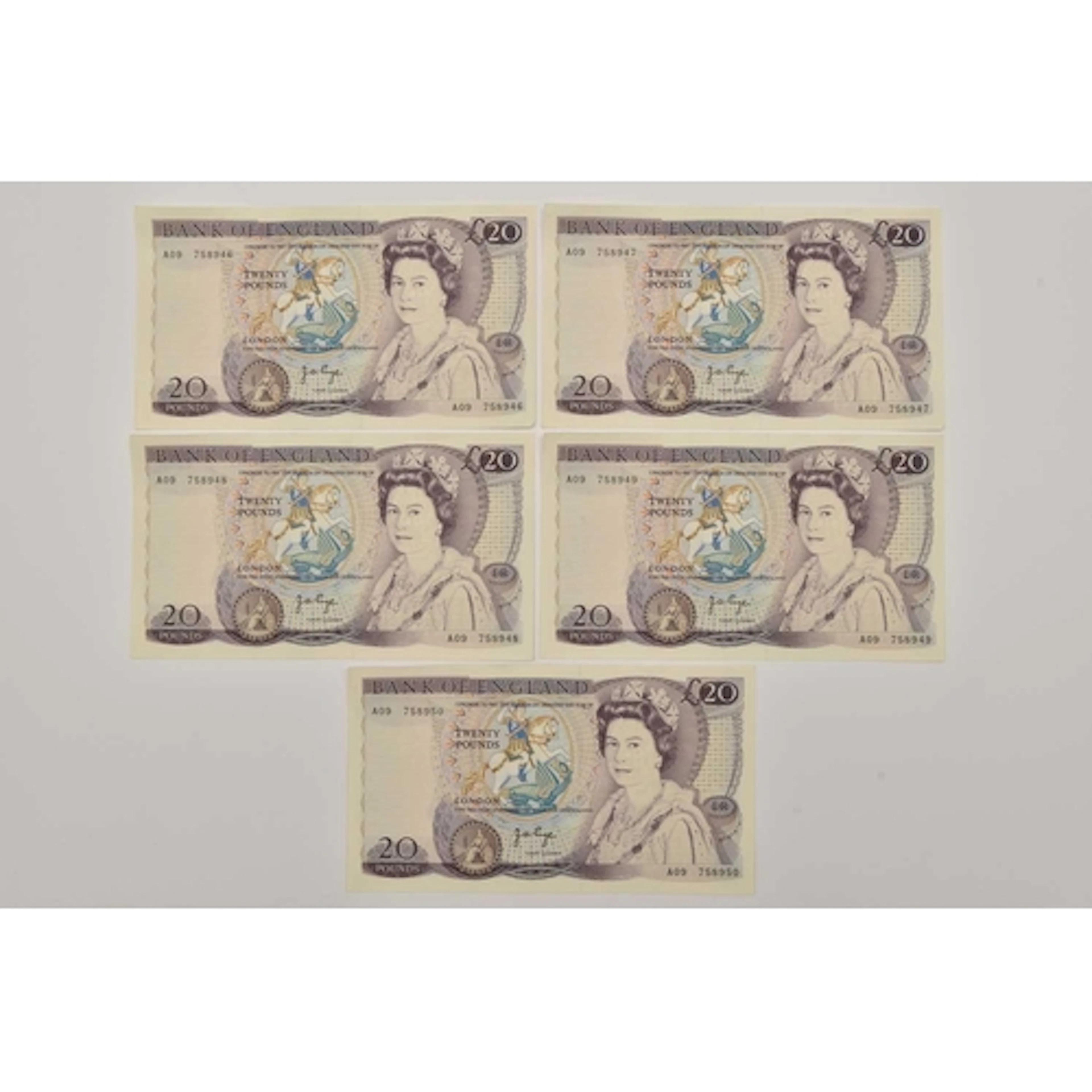 Banknotes. 5 x Twenty Pound Notes Page 1970, consecutively n...