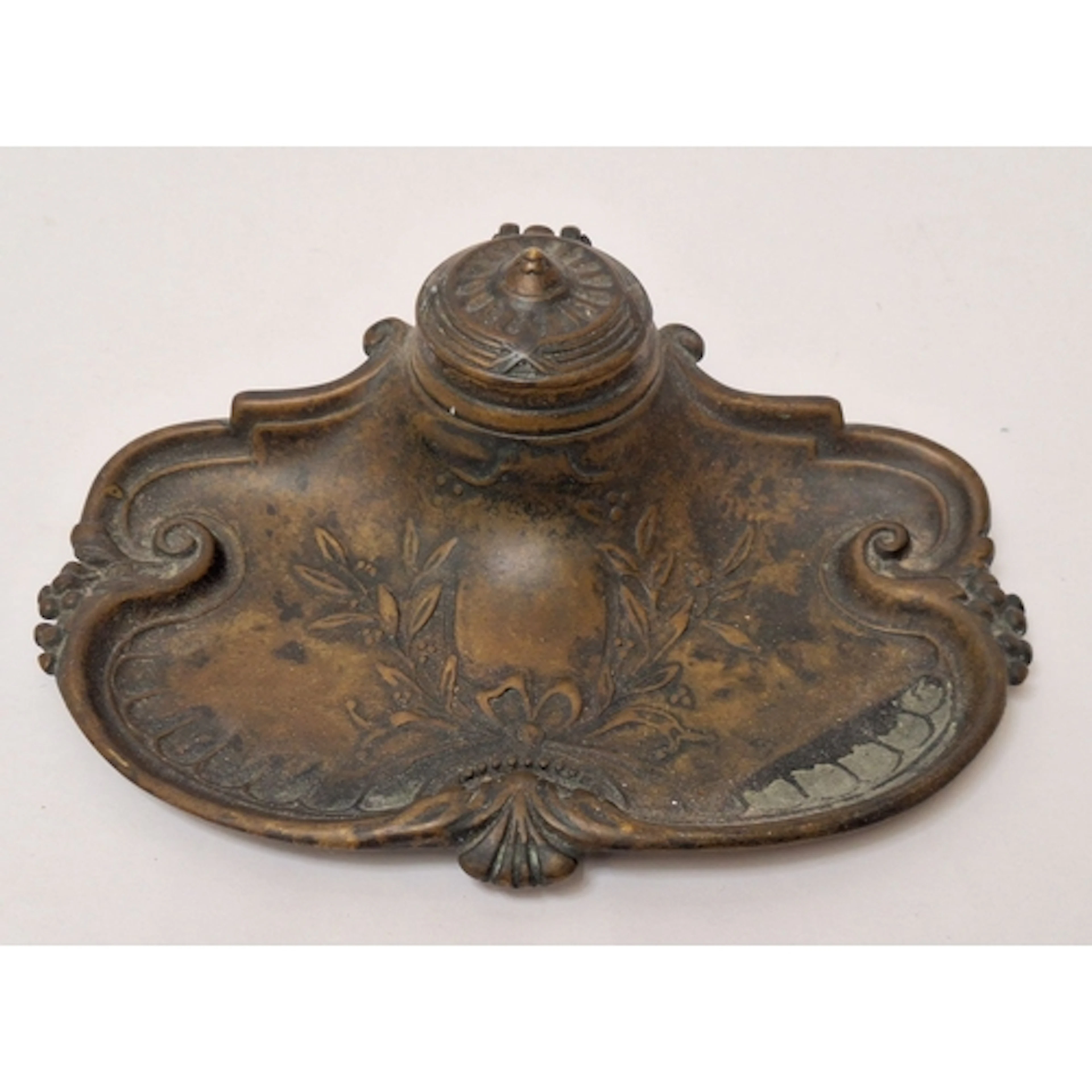 Antique Brass Pen & Ink Stand, with ceramic liner, decorated...