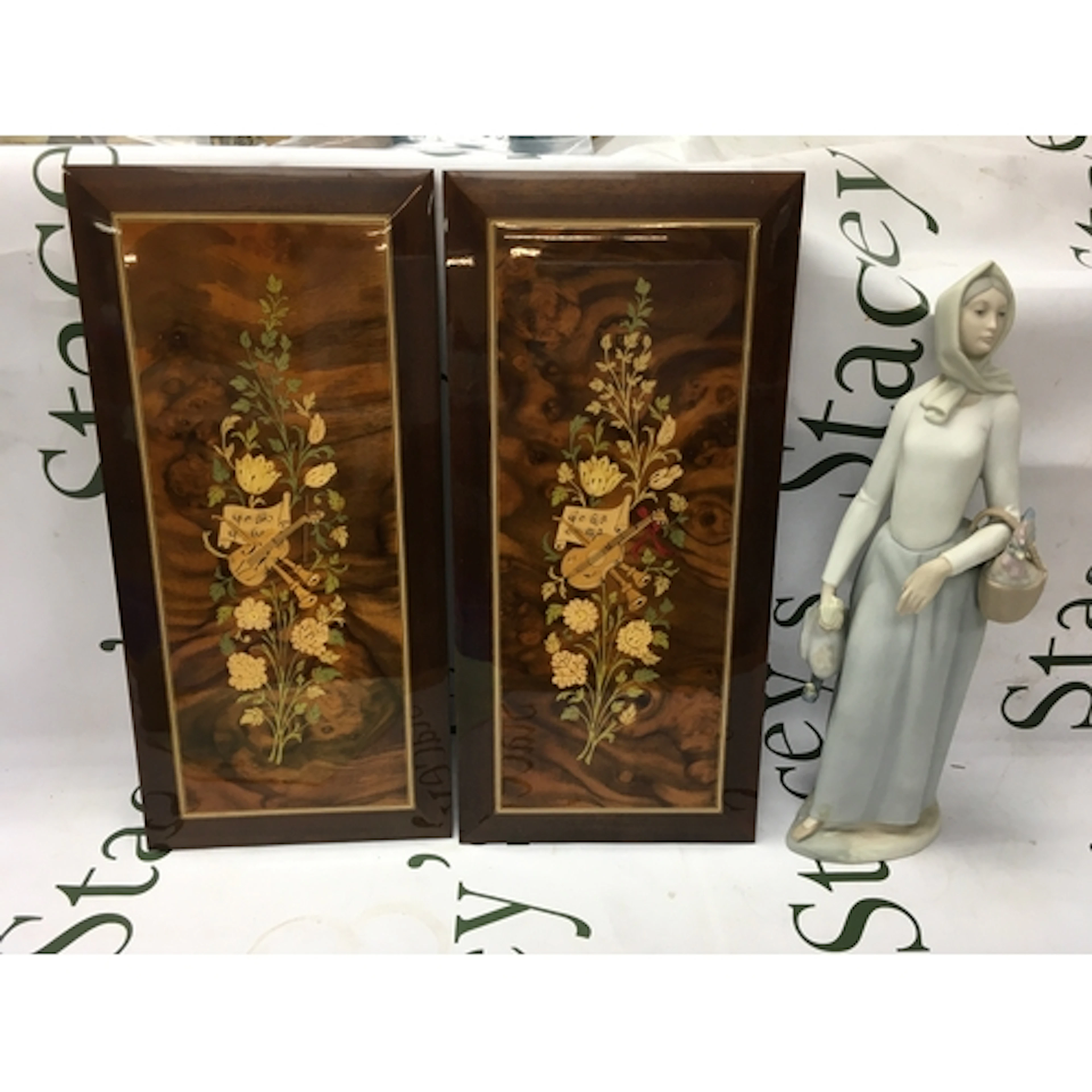 Two inlaid panels and a Spanish figure NO RESERVE