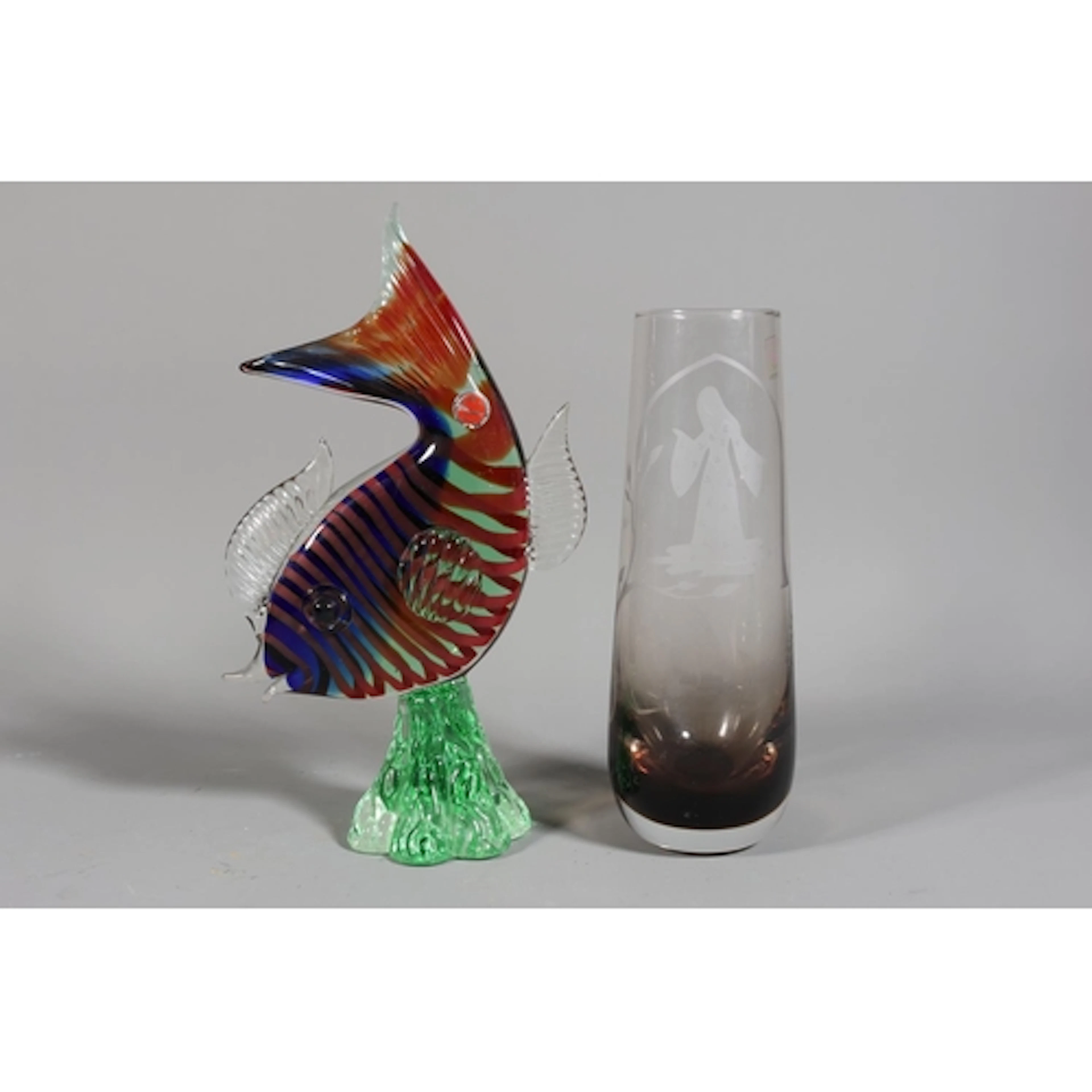 Murano glass fish, and a Caithness etched glass vase, signed...