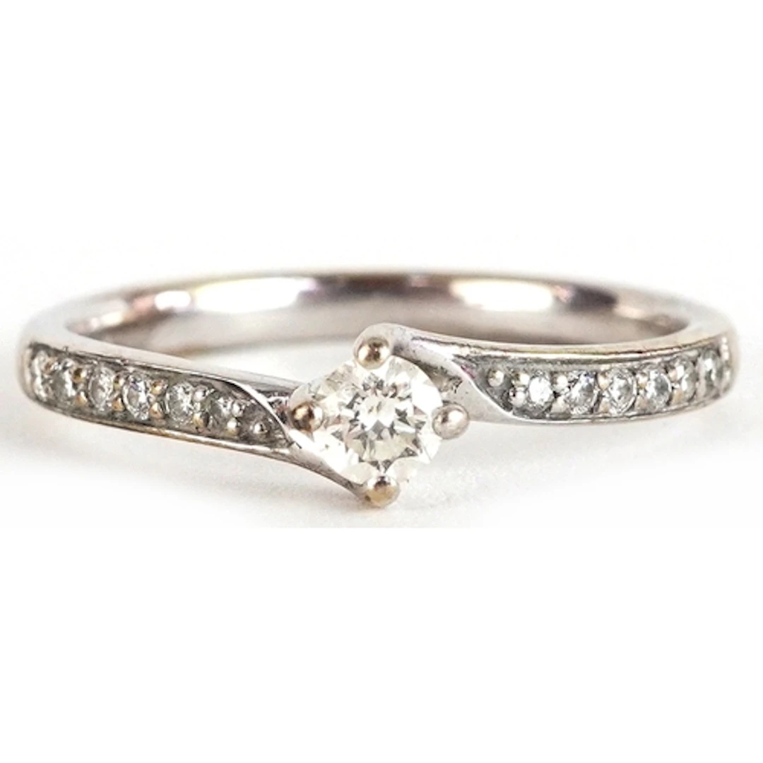 9ct white gold diamond solitaire ring with diamond set shoul...