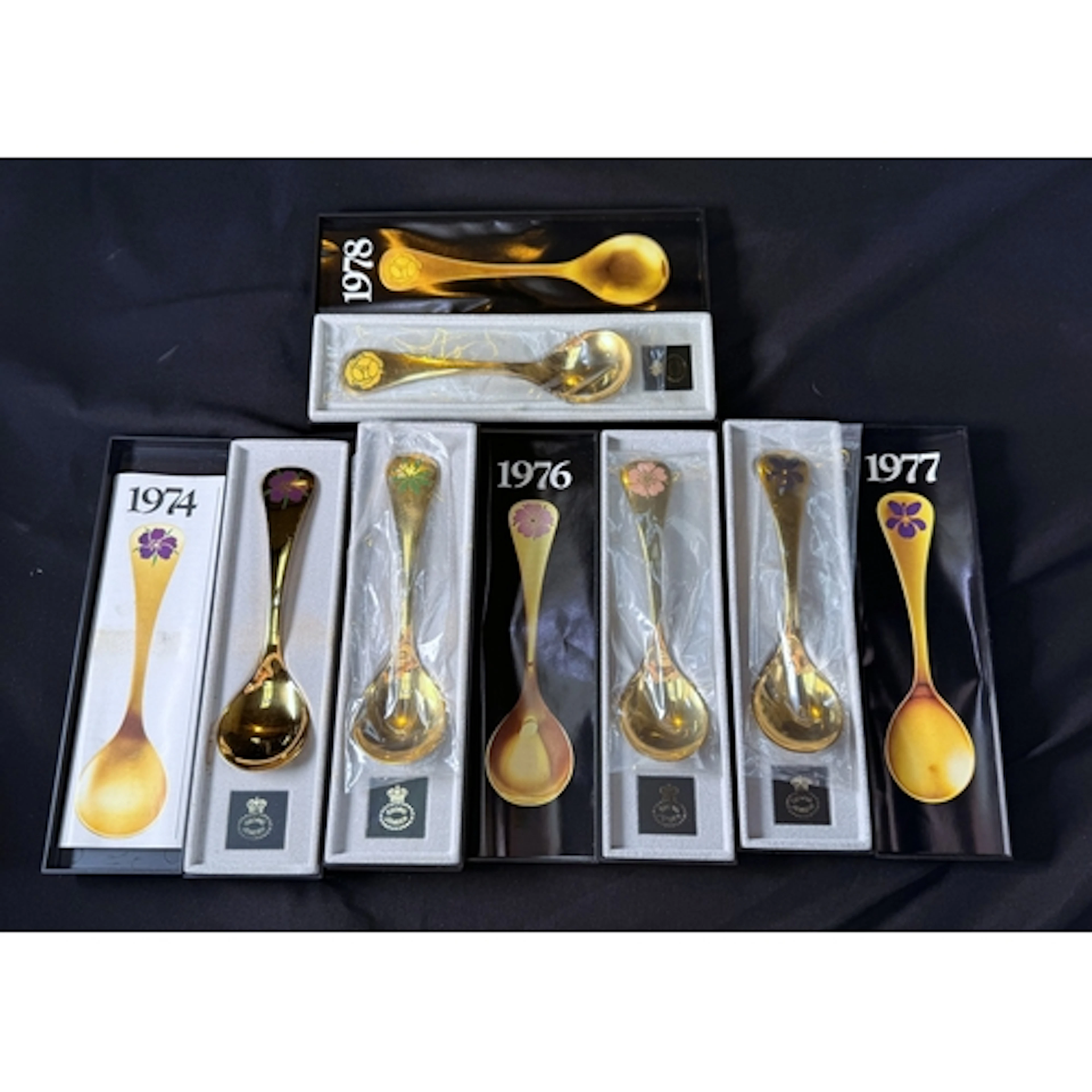 George Jensen: Five gold plated Sterling silver year spoons ...