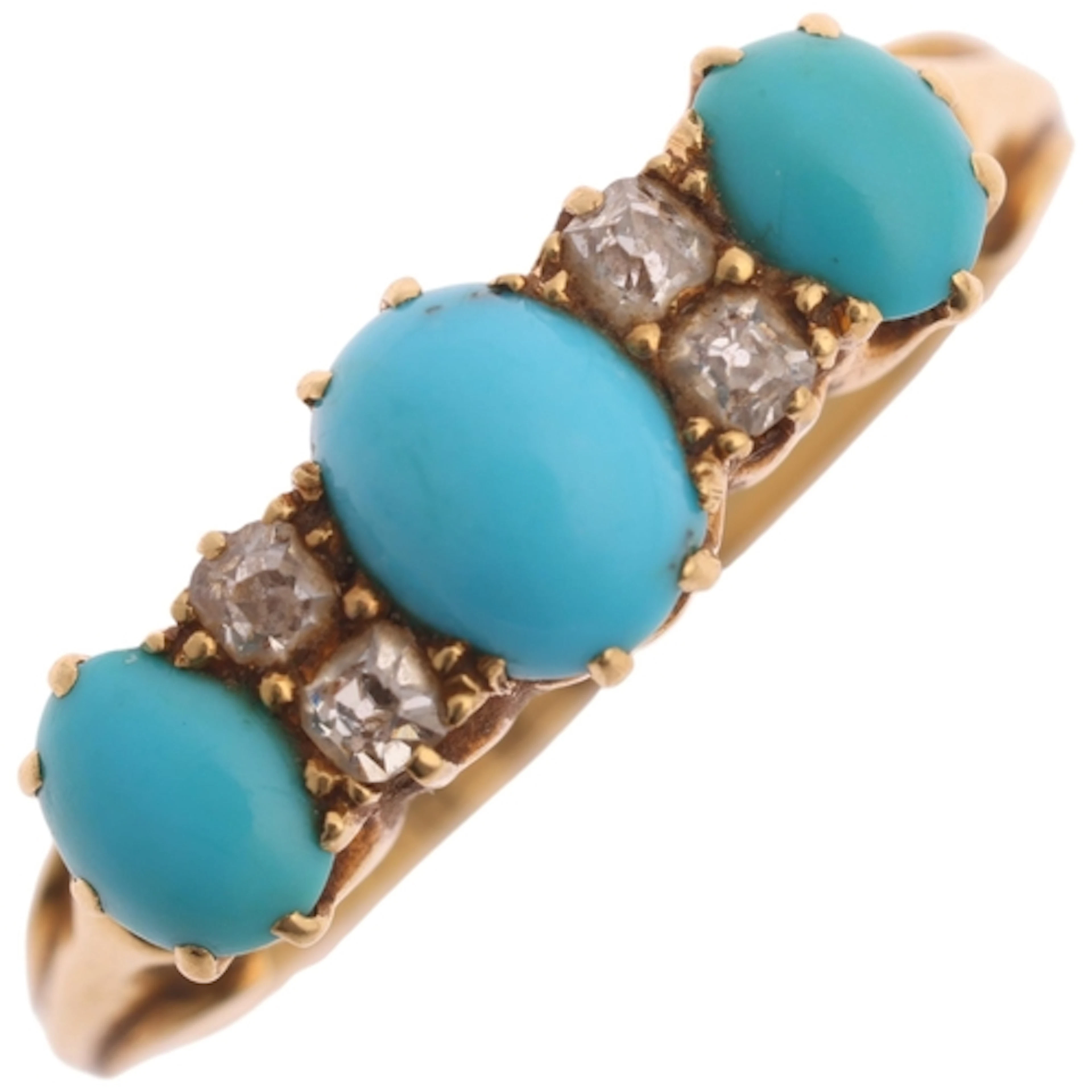 An Antique Victorian 18ct gold seven stone turquoise and dia...