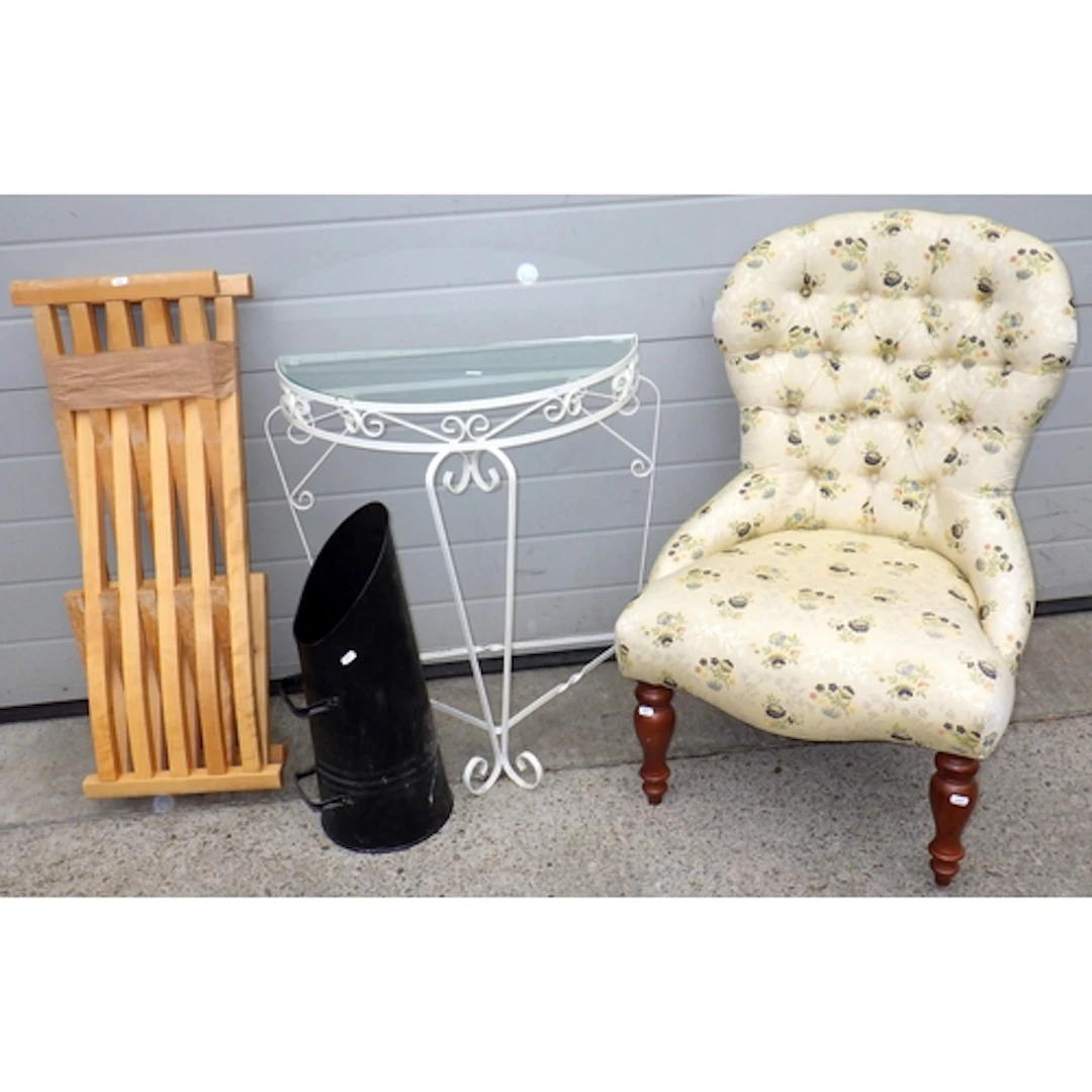 A reproduction button back nursing chair, metal framed side ...