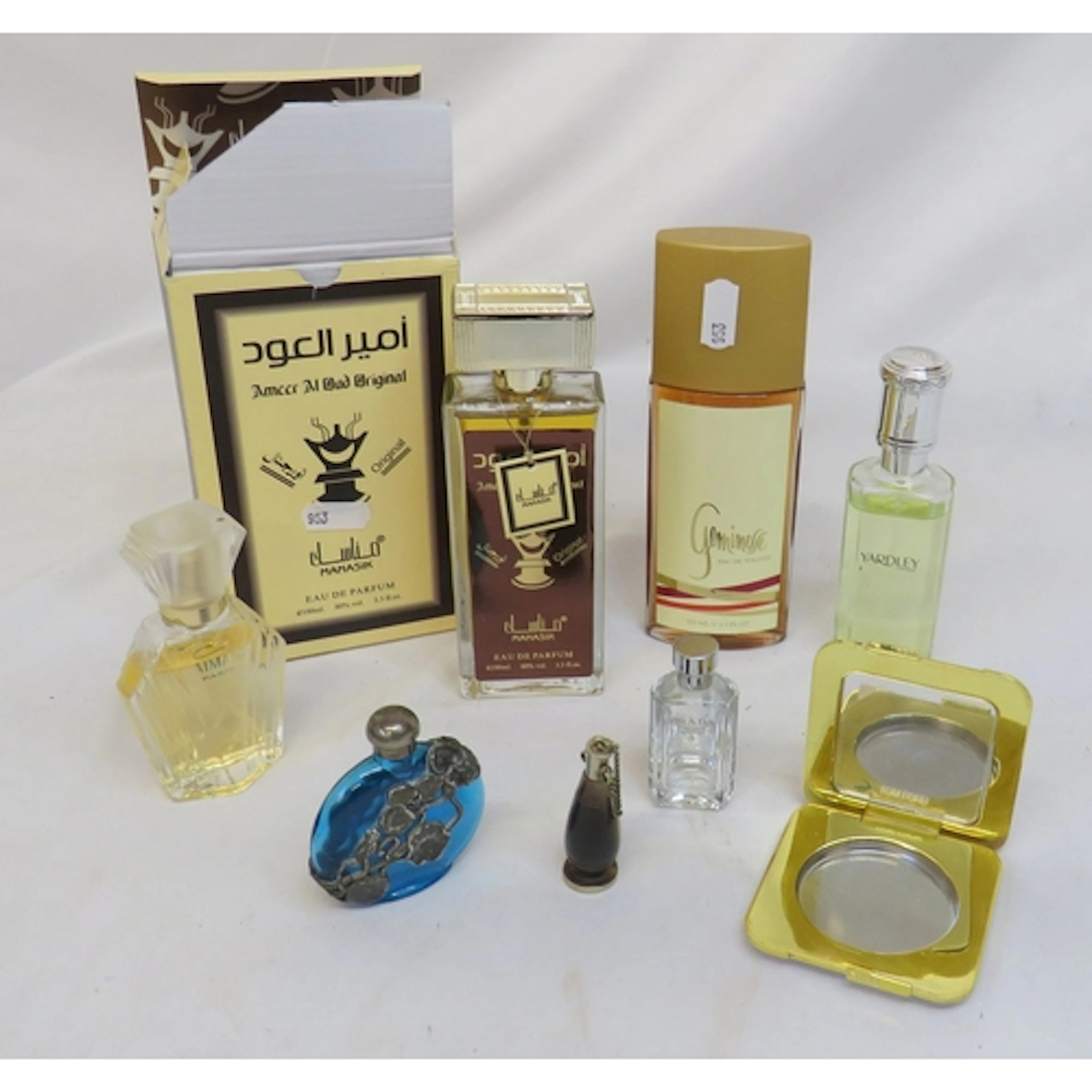 Toiletries incl. Miniature bone & white metal scent bottle, ...