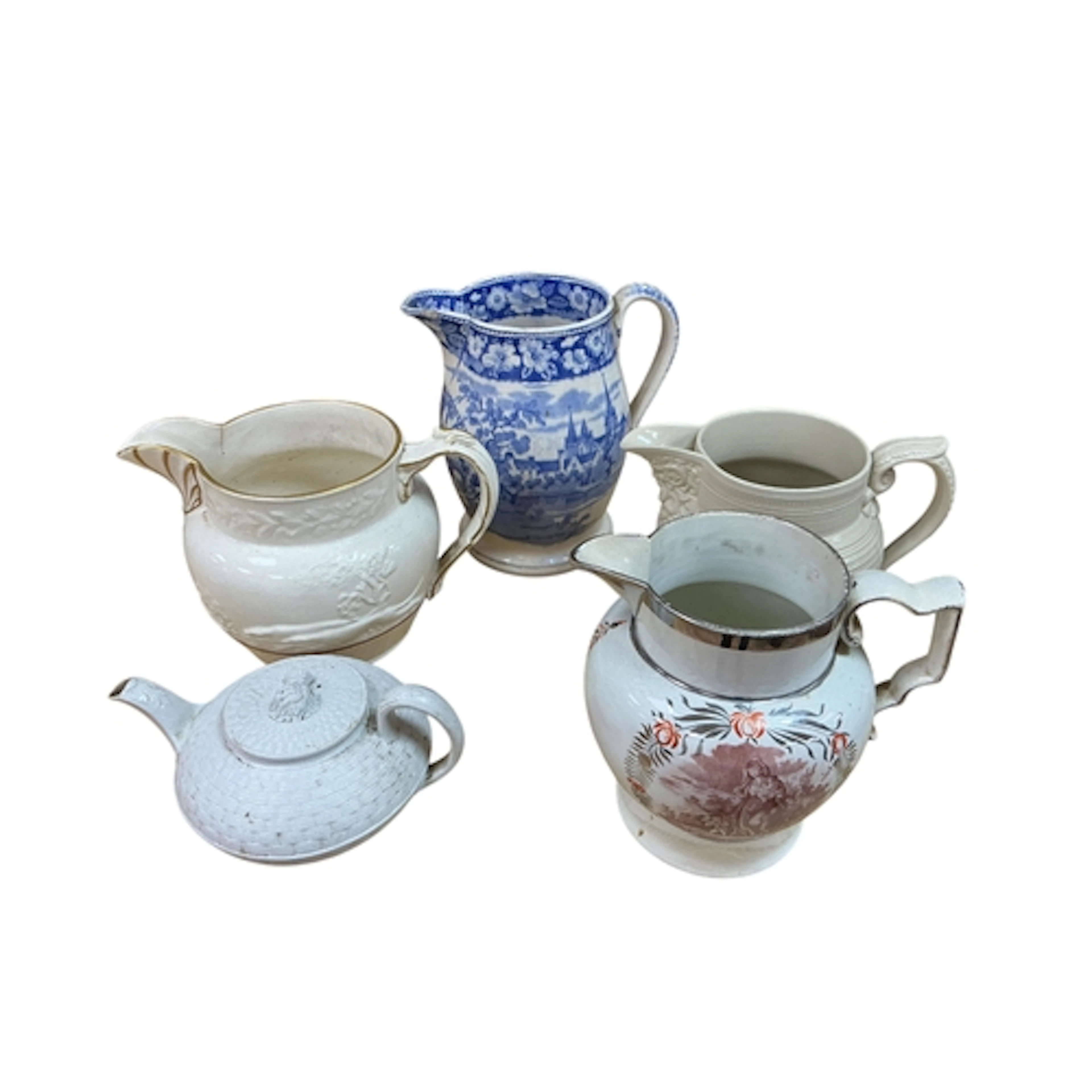 A 19th century pearlware 'Hope & Charity' jug, a blue and wh...