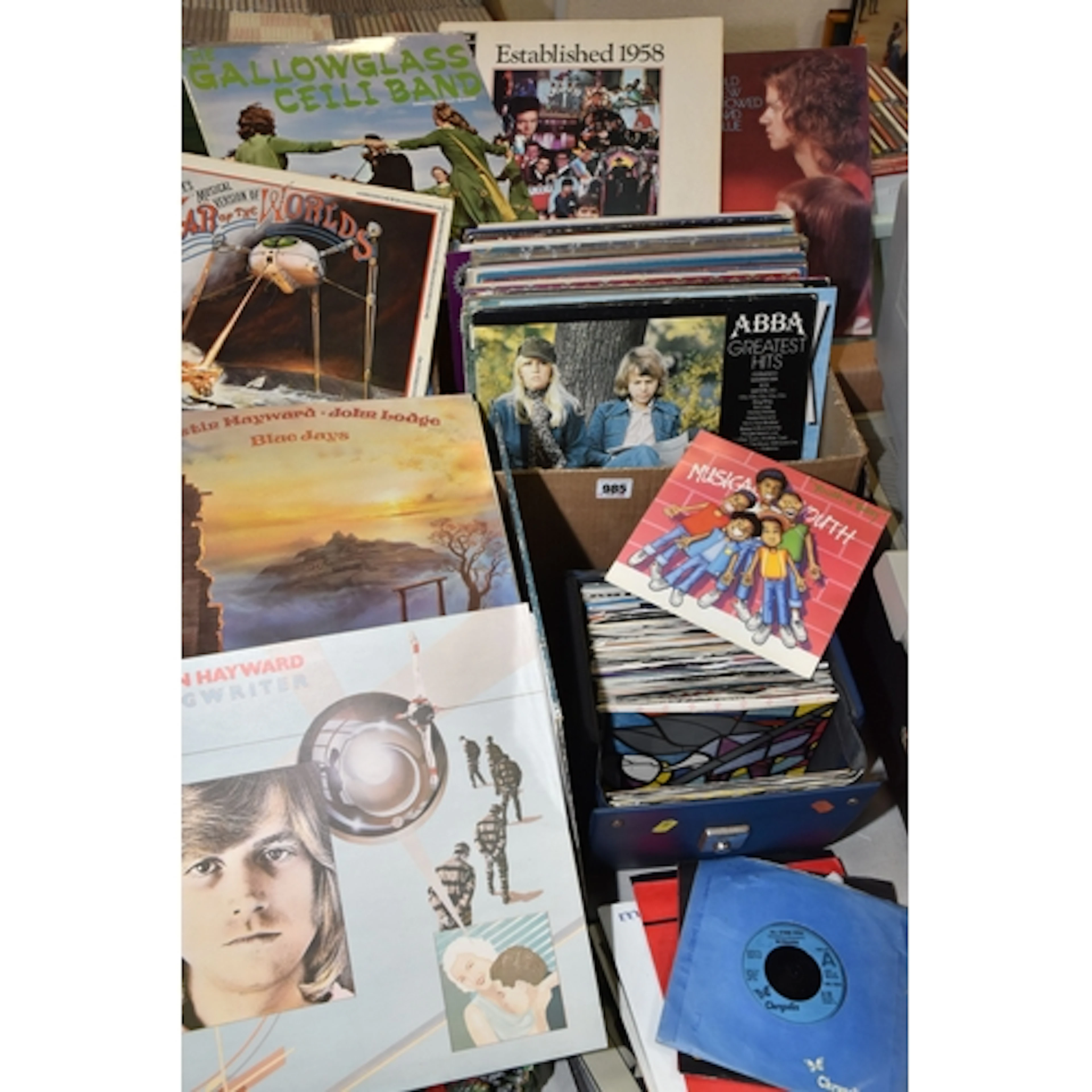 TWO BOXES OF VINYL LP'S & SINGLES, LP artists include ABBA,...