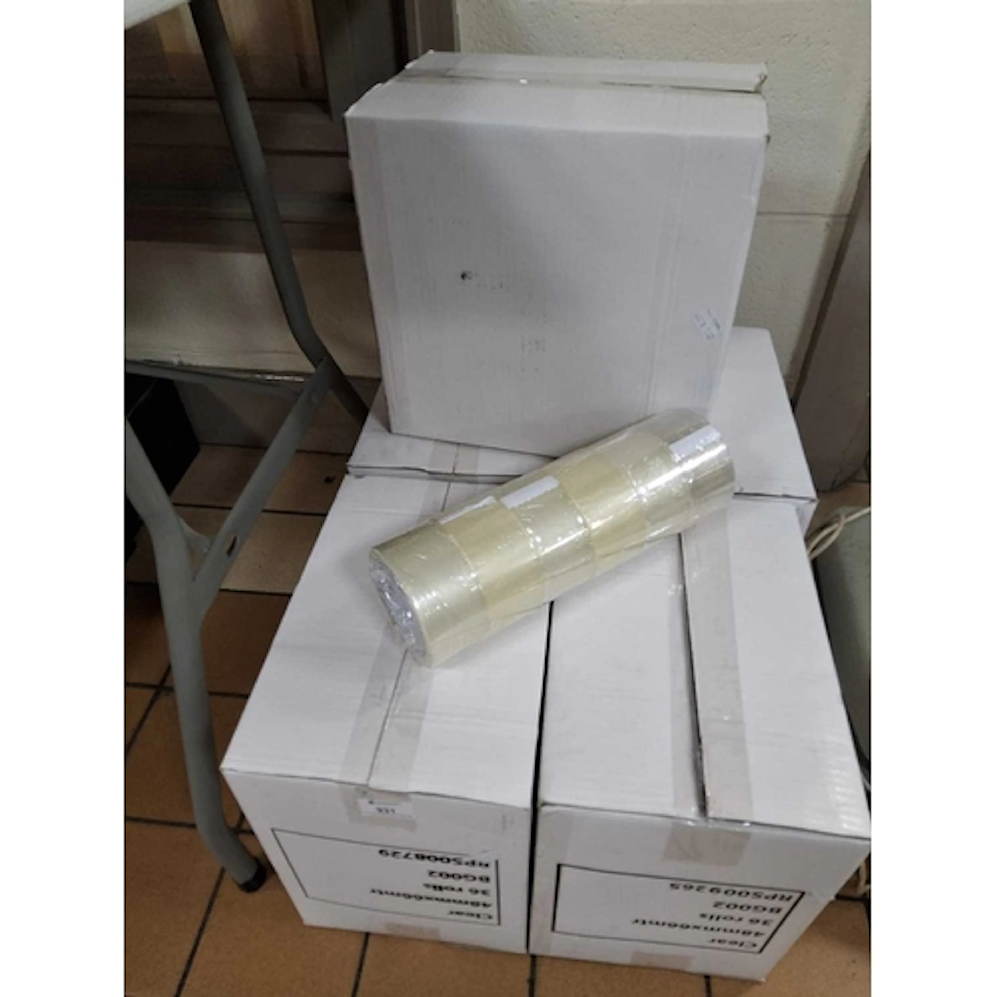 FIVE BOXES OF CLEAR PACKAGING TAPE, with thirty six rolls in...