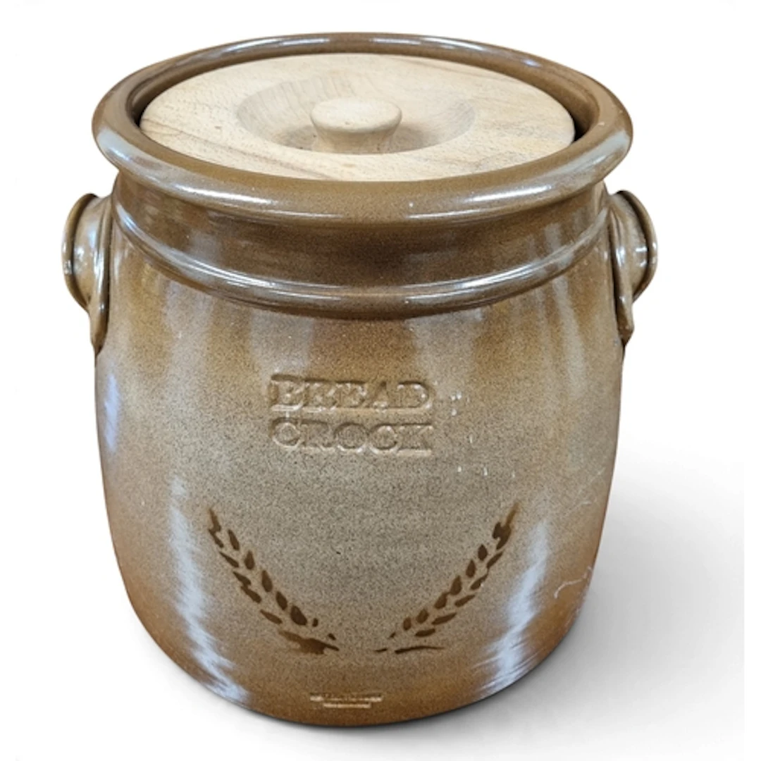 A good Stoneware Bread Crock with Timber Lid. H 27 cm approx...