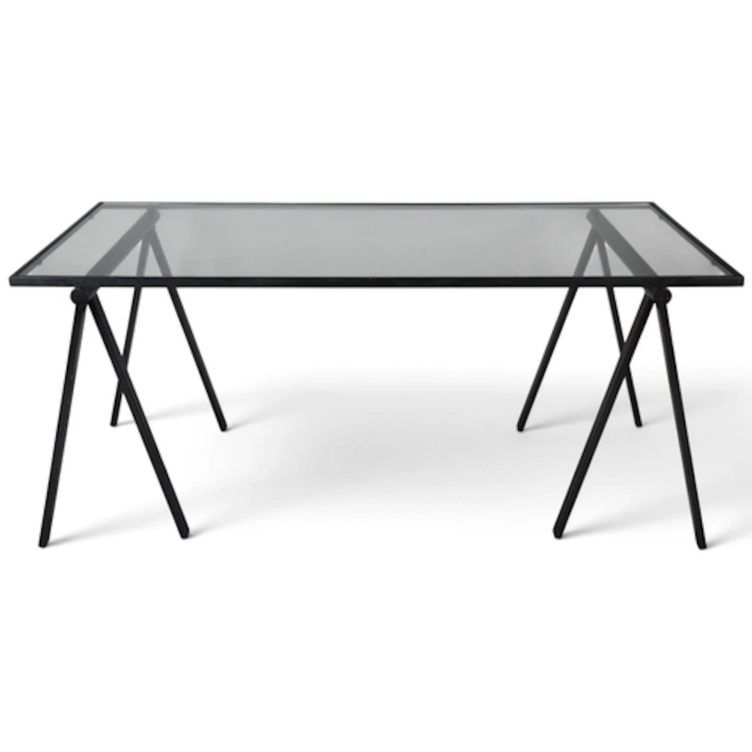 A 1980's tressle frame desk/dining table, black coated steel...