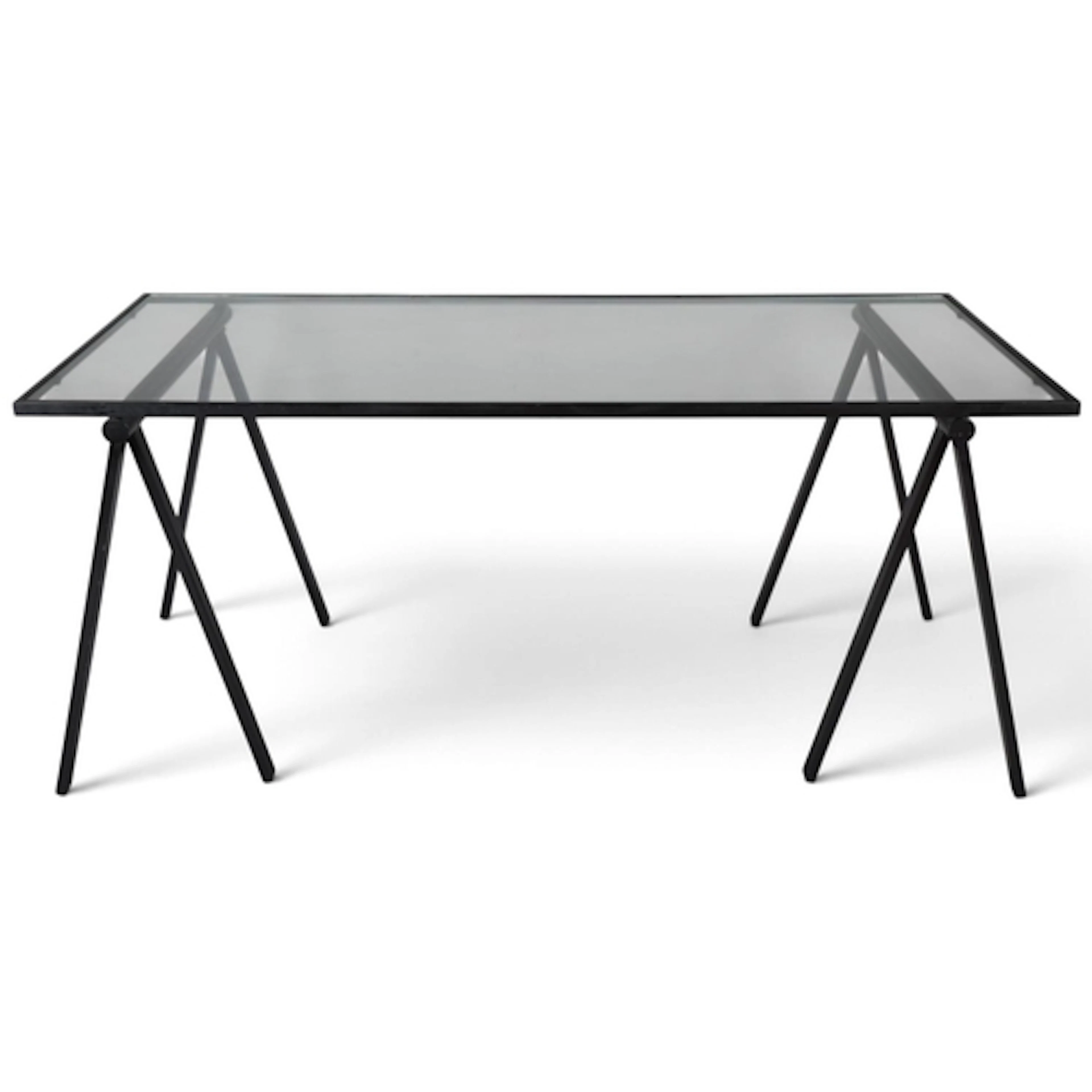 A 1980's tressle frame desk/dining table, black coated steel...