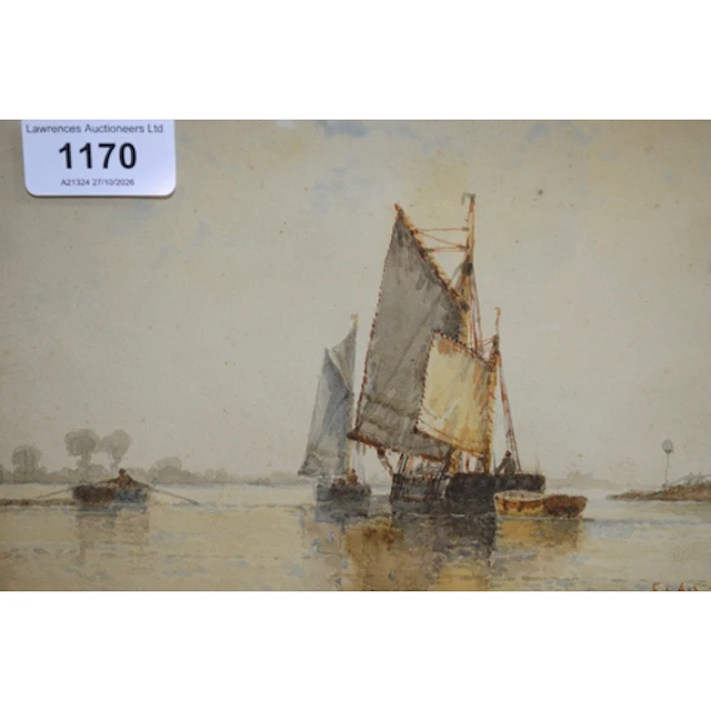 F. J. Aldridge, watercolour, sailing barge and rowing boat o...
