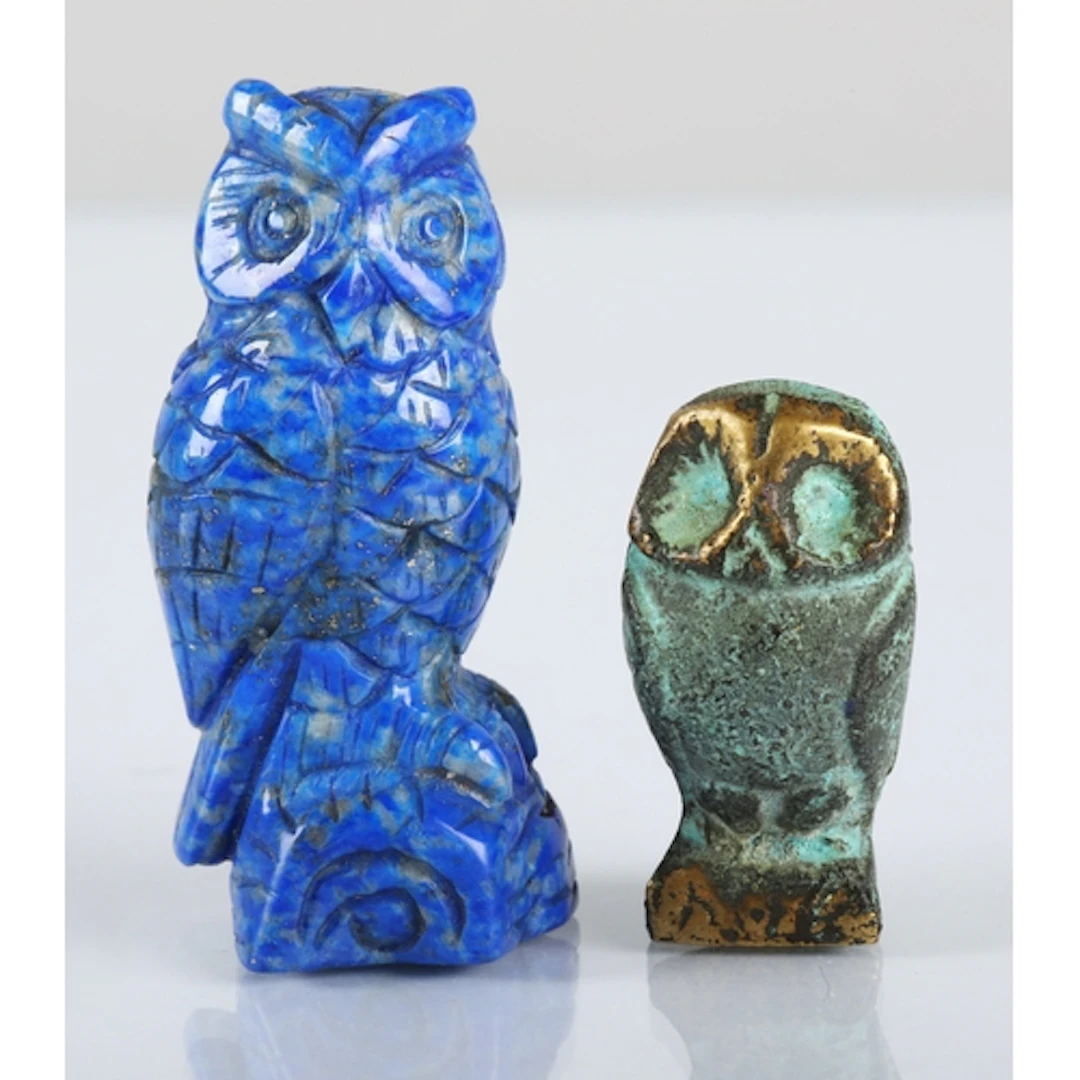 Lapis lazuli owl figure and bronze owl figure, tallest measu...
