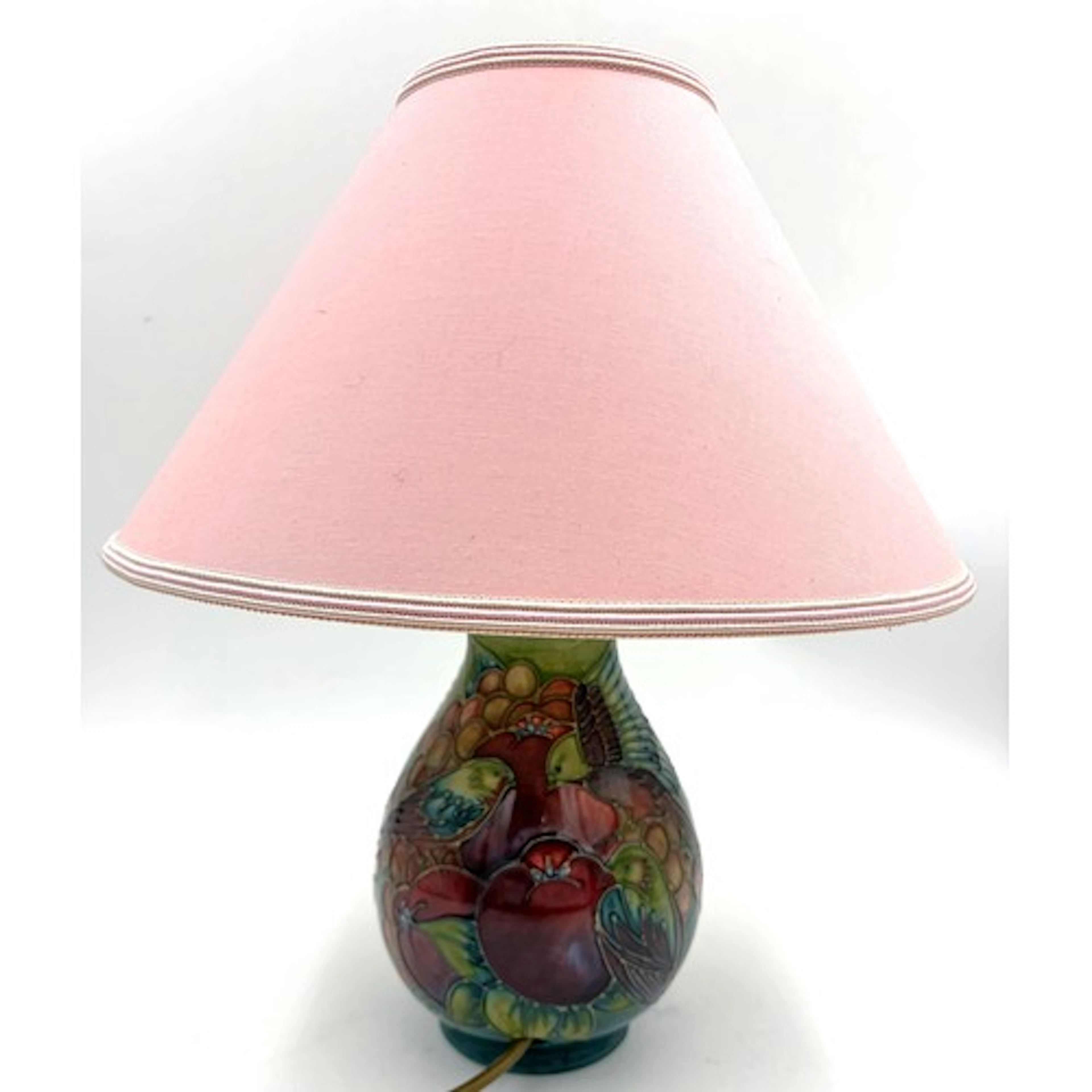 Moorcroft 'Finches & Berries' table lamp with a pink shade 2...
