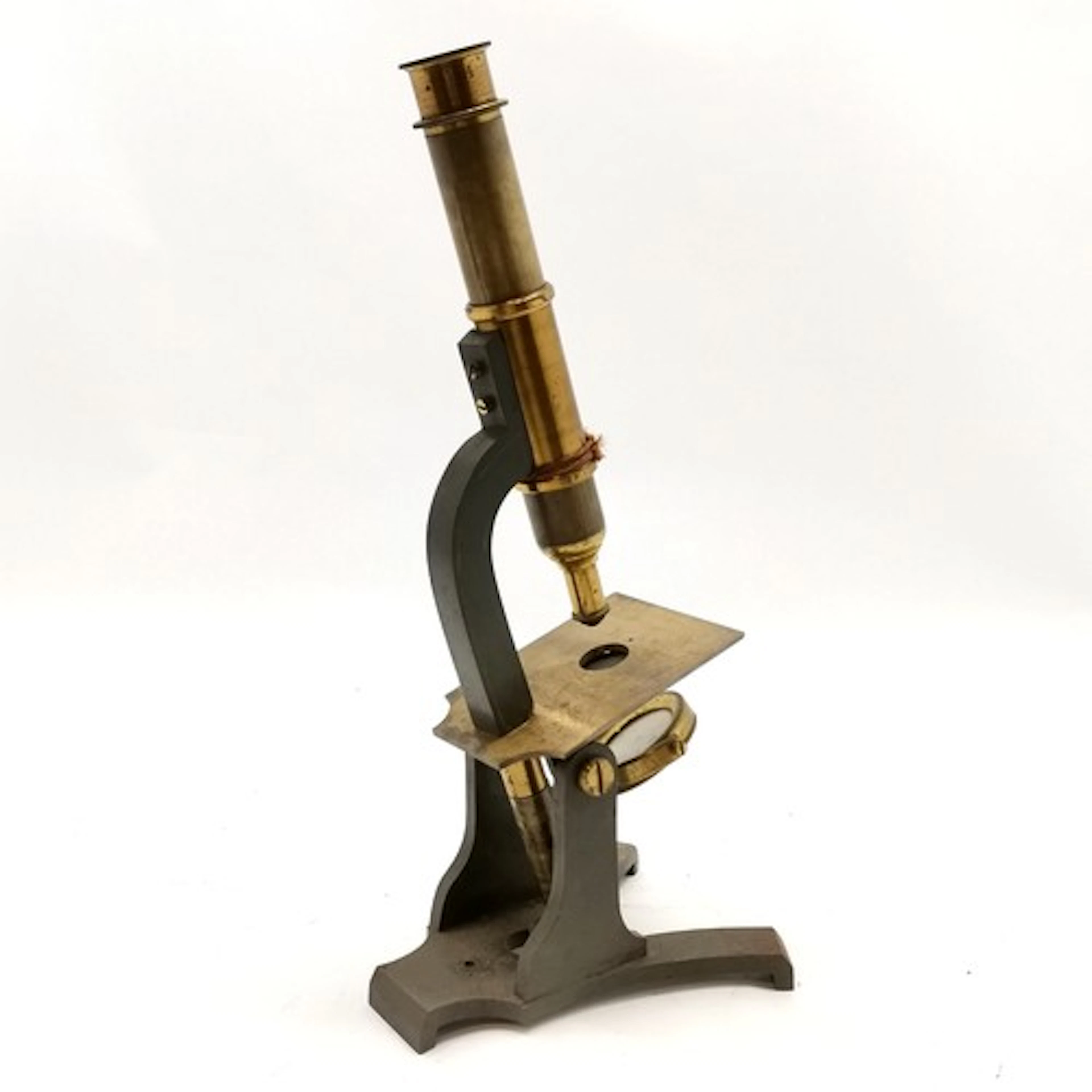 Antique brass and green painted microscope 39cm high
