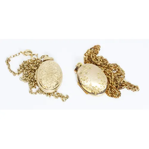 Two 9ct gold lockets on chains, gross weight 9.9g. | Barnebys