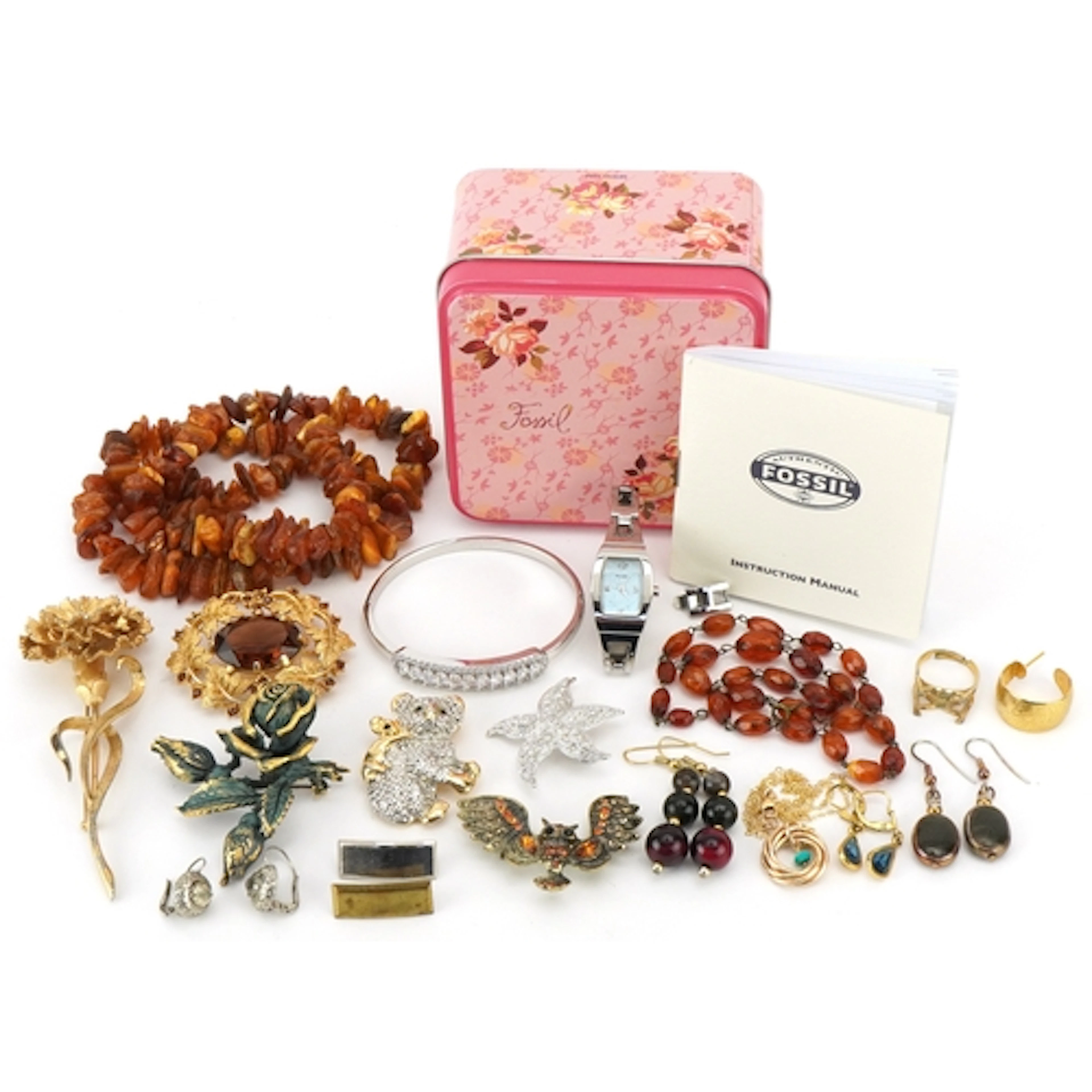 Vintage and later jewellery comprising a ladies Fossil wrist...