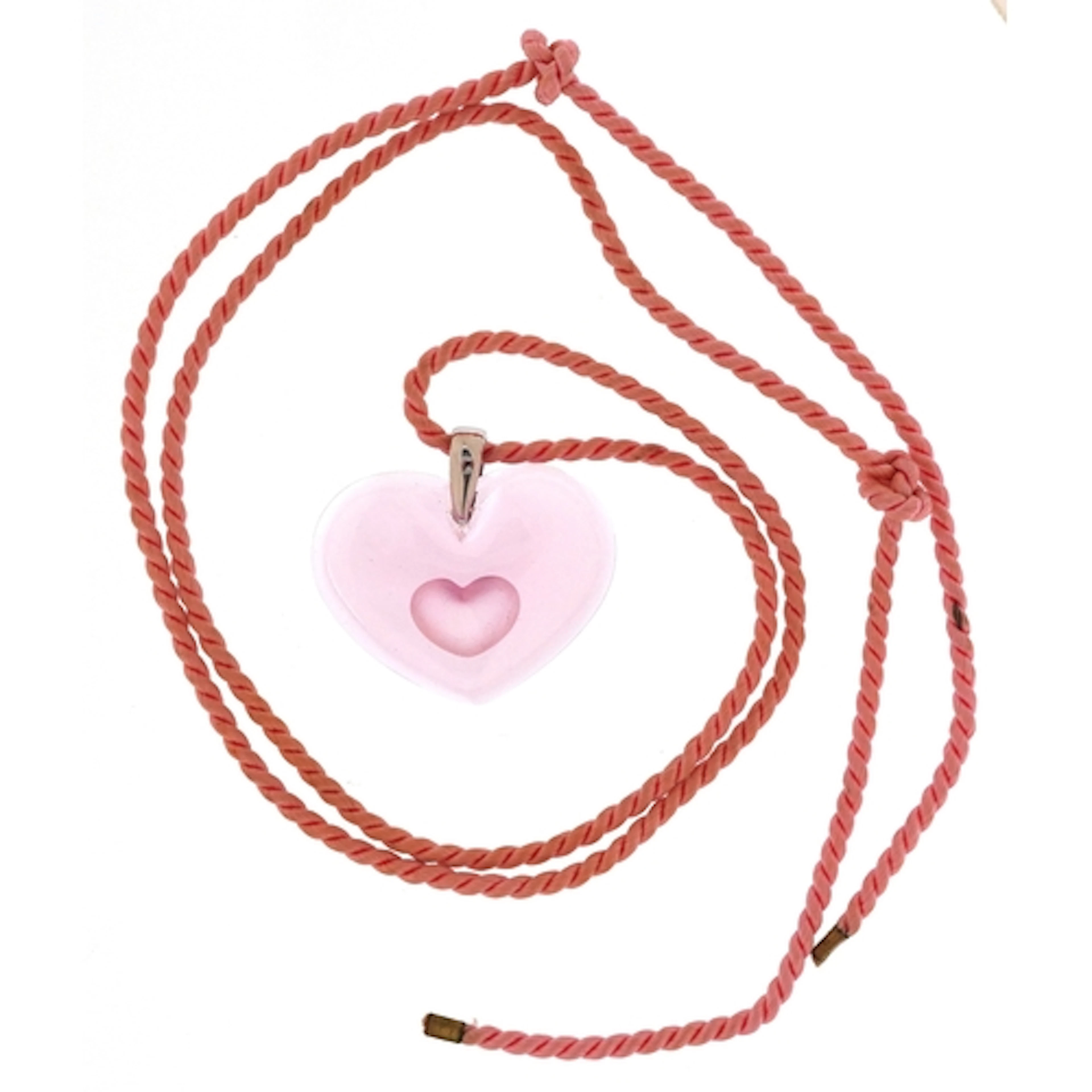 Lalique pink glass love heart pendant on a rope twist neckla...
