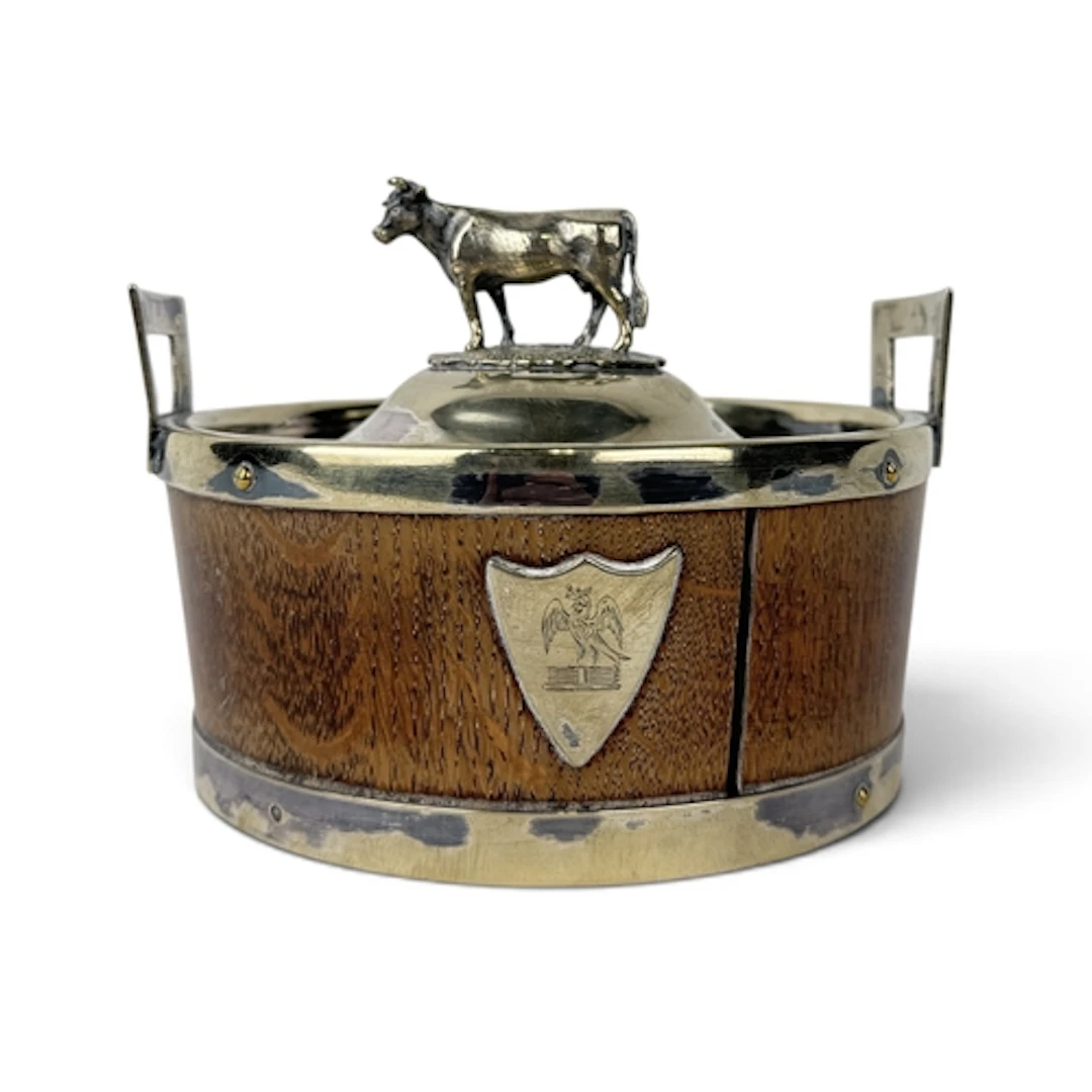 A LATE VICTORIAN ELECTROPLATE MOUNTED CIRCUAR OAK BUTTER DIS...