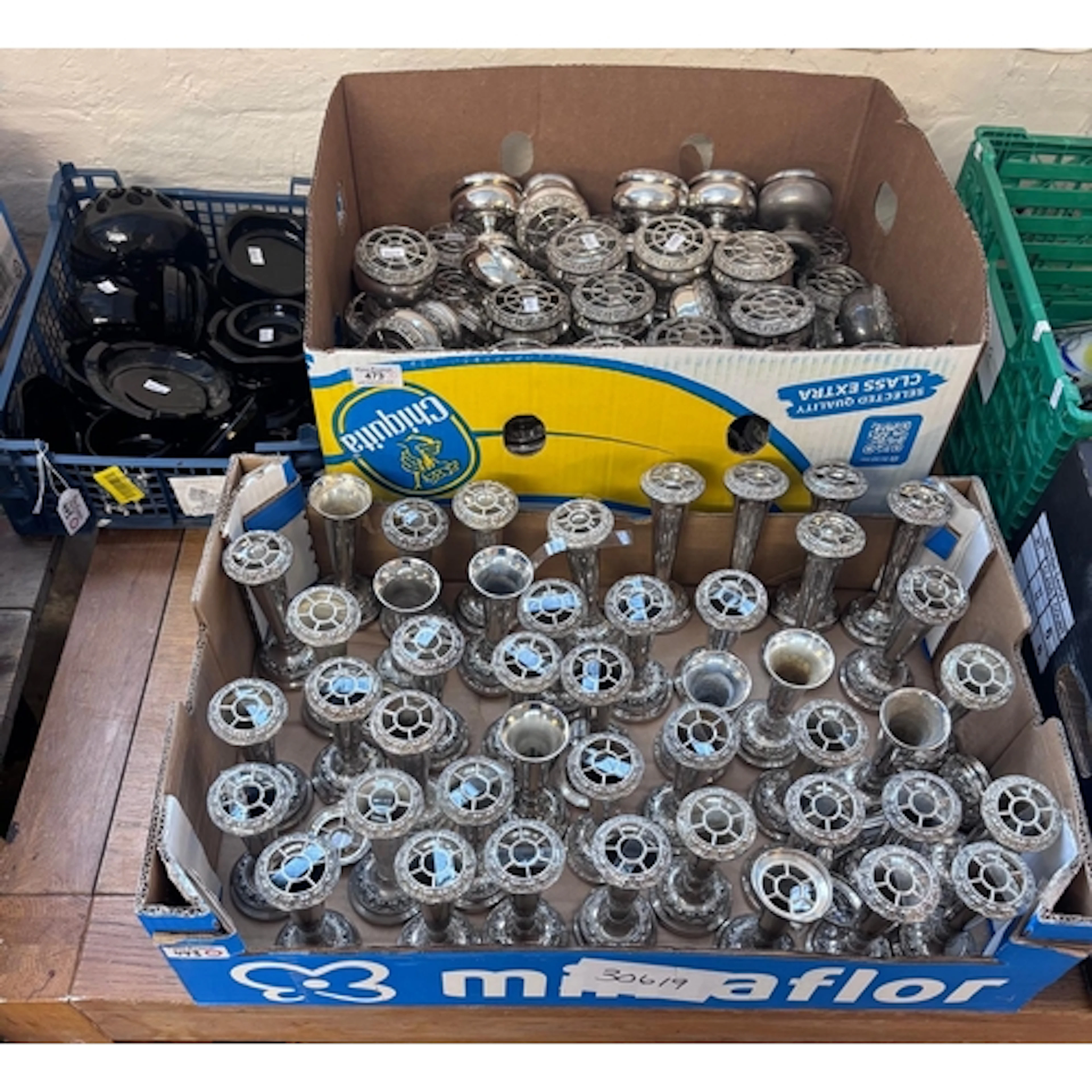 Two boxes of silver plated spray vases and miniature rose bo...