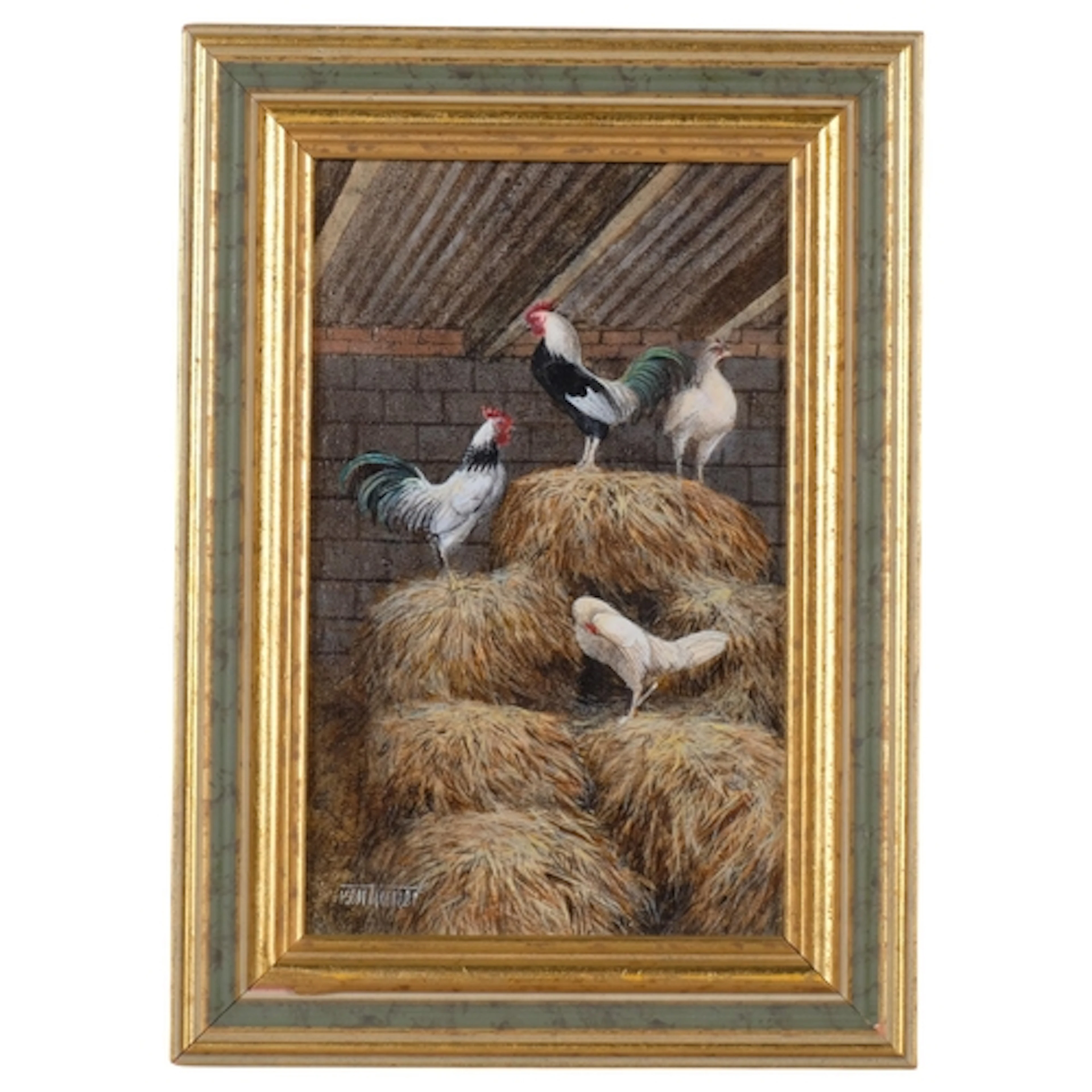 Ken Turner, cockerels in a barn, oil on board, 15cm x 10cm, ...