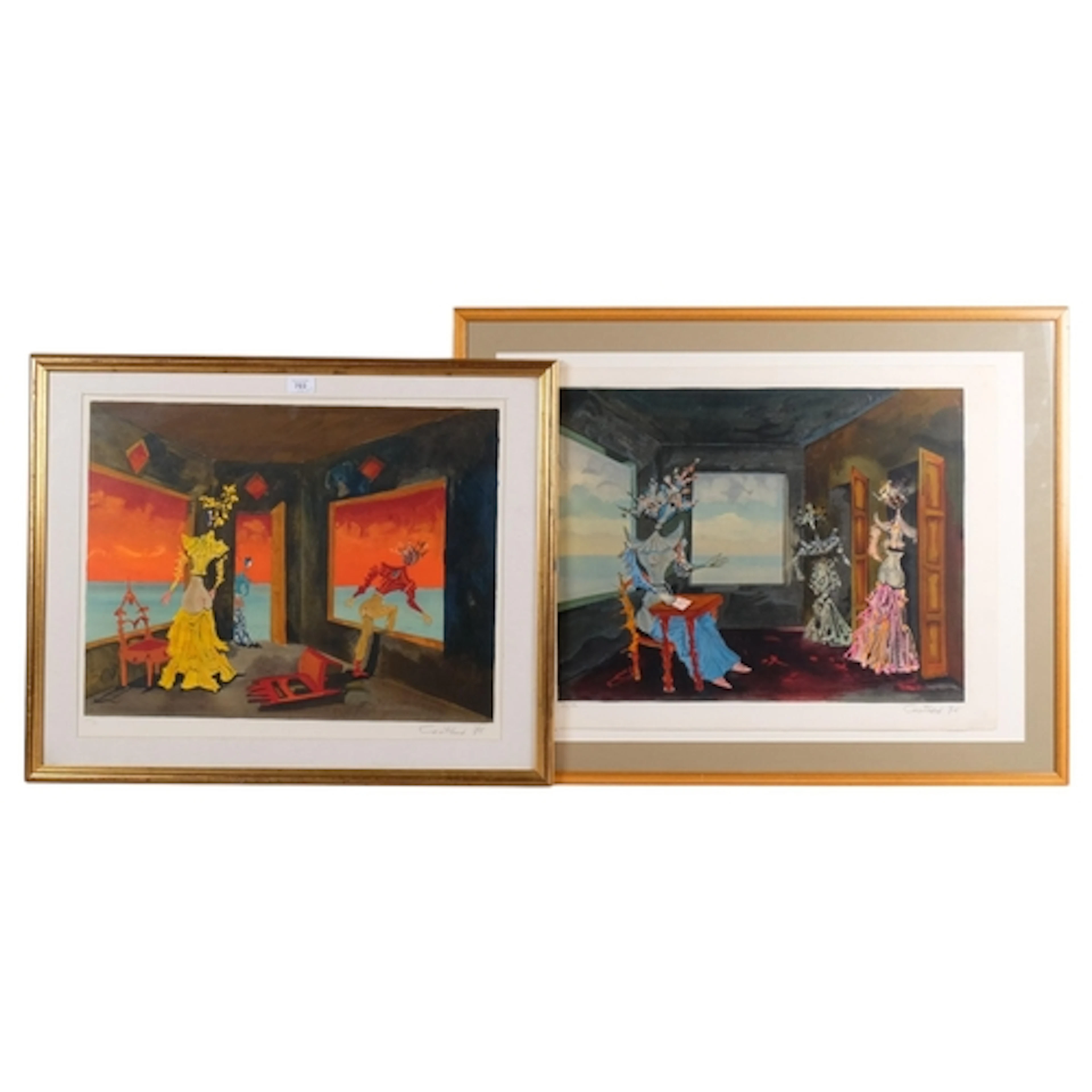 Lucien Coutaud, 2 surrealist scenes, lithographs, 1976, sign...