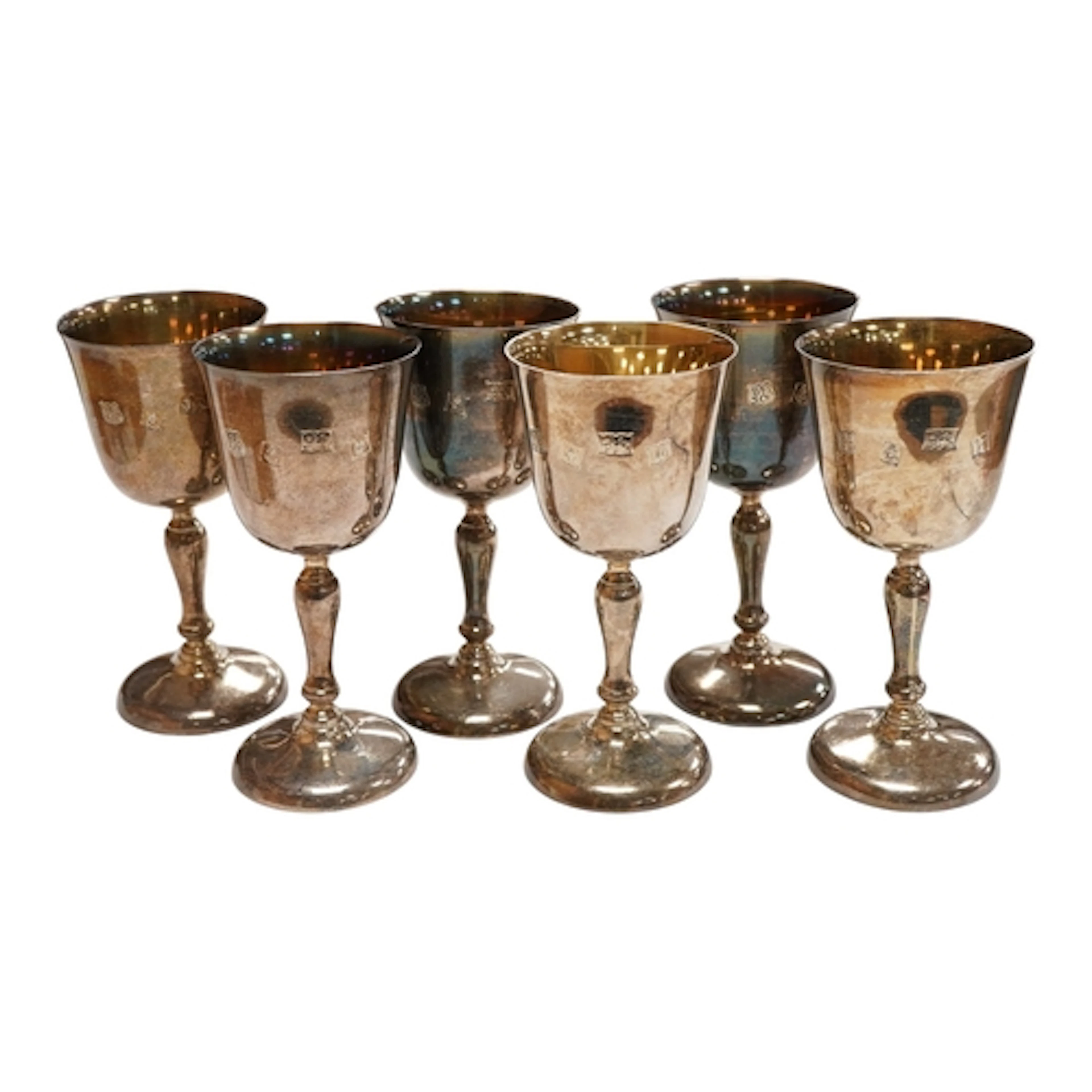 A set of six Elizabeth II silver goblets, by Barker Ellis Si...