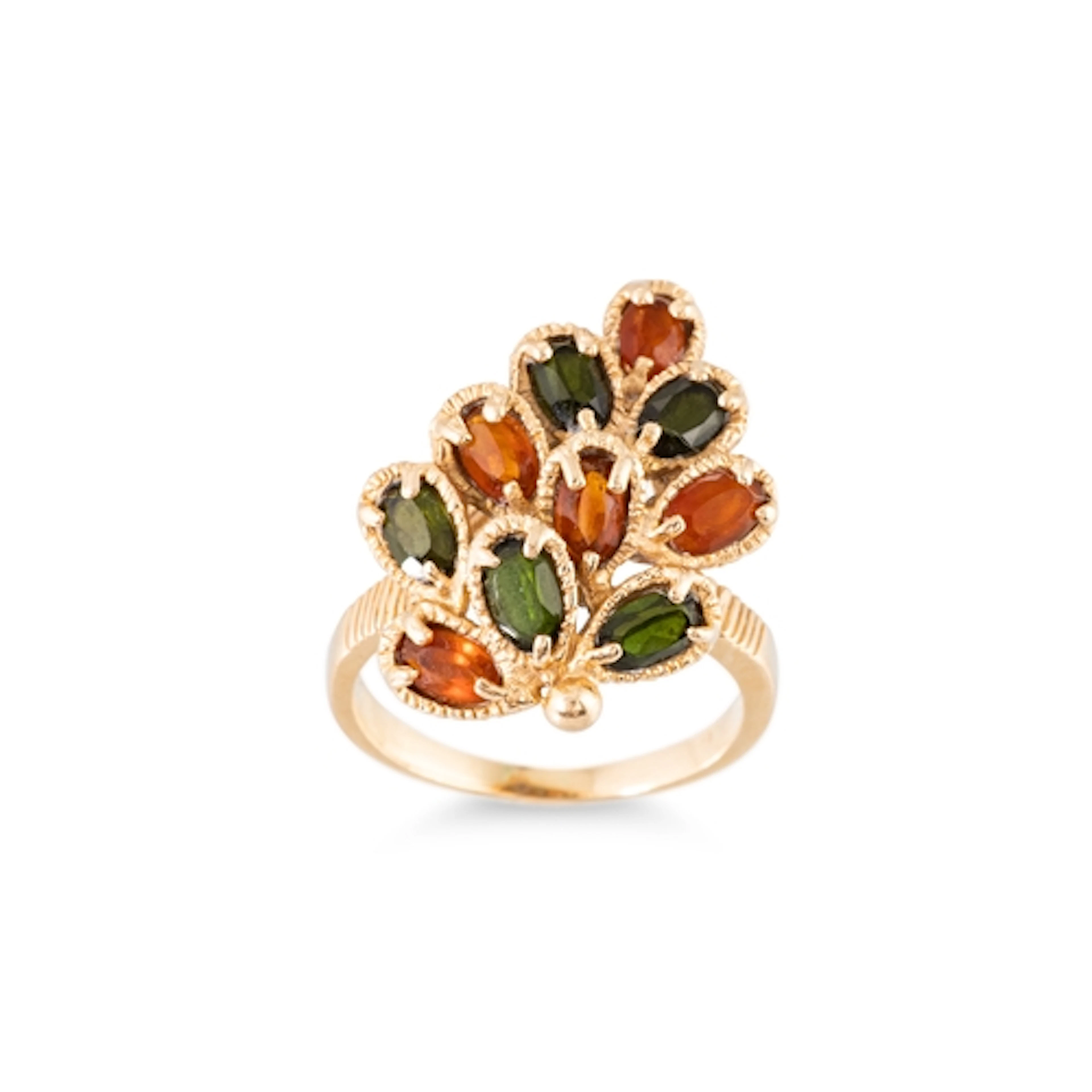A VINTAGE CLUSTER RING, of naturalistic form, set with orang...