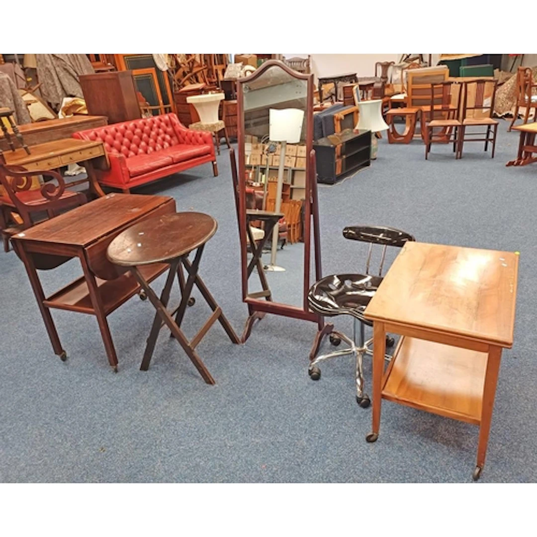 MAHOGANY DROP FLAP TROLLEY, CHEVAL MIRROR, SWIVEL CHAIR, ETC
