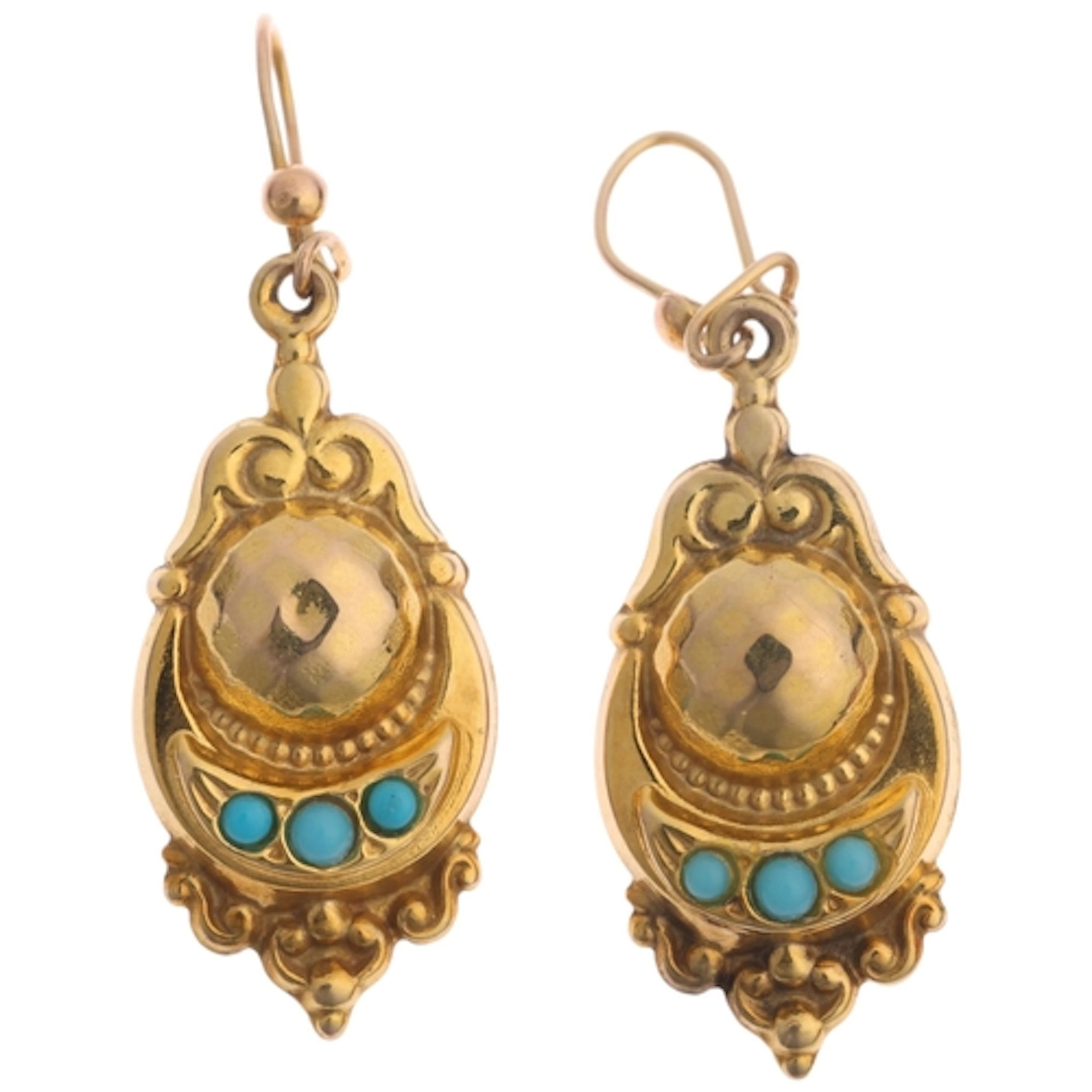 A pair of 9ct gold turquoise glass drop earrings, maker PPT,...
