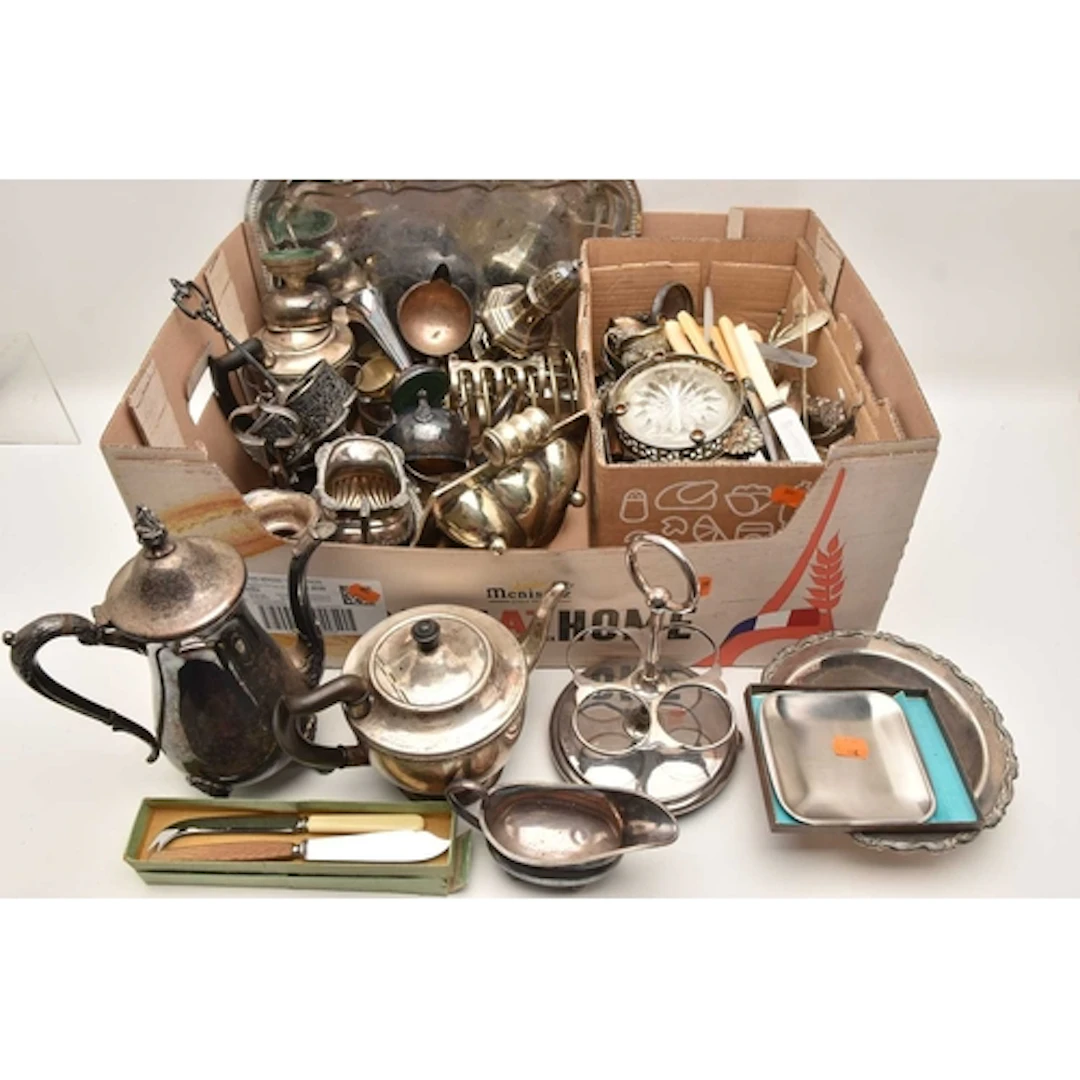 A LARGE ASSORTMENT OF WHITE METALWARE, to include trays, tea...
