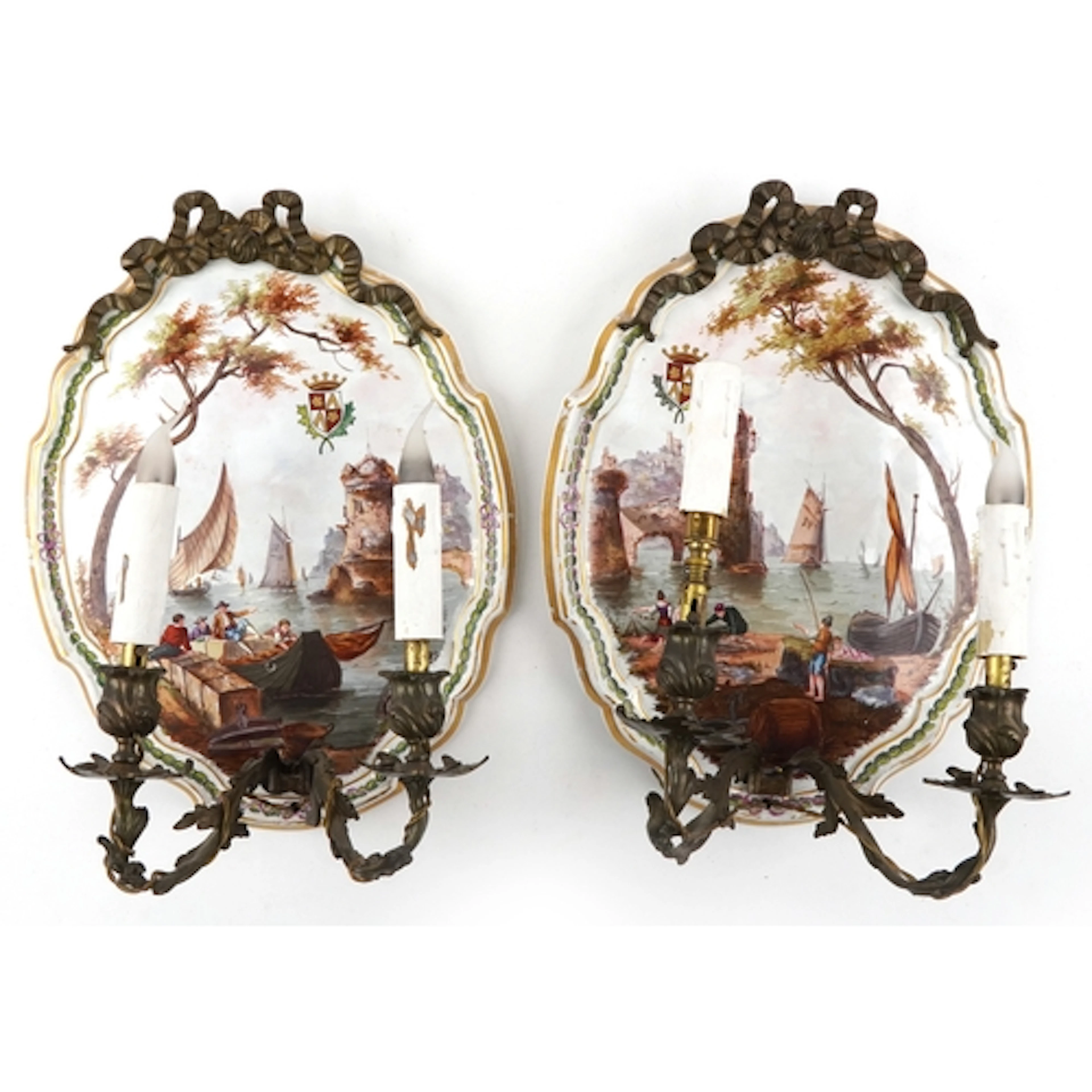 Pair of 19th century French Louis XV style faience wall scon...