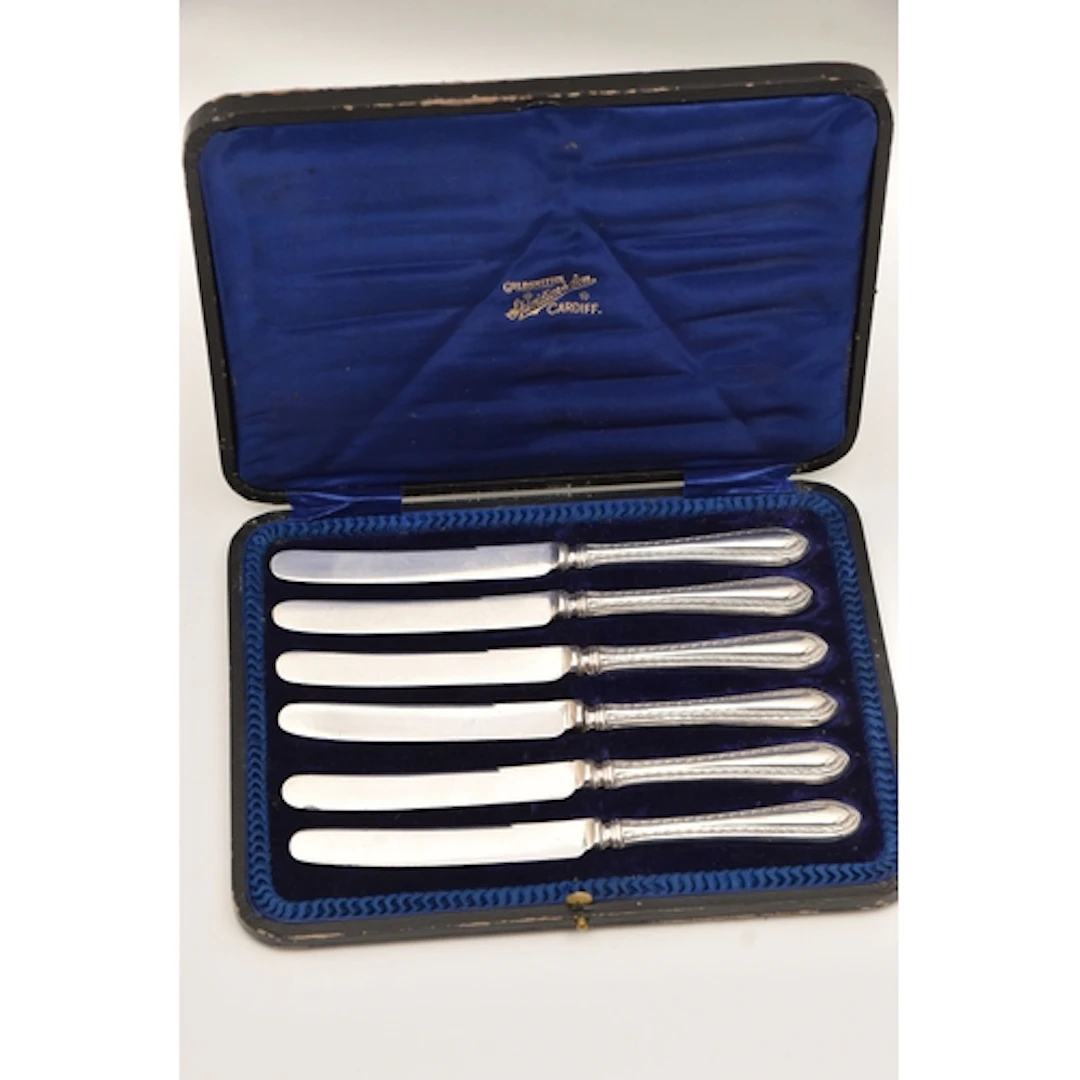 A CASED SET OF SIX EARLY 20TH CENTURY SILVER HANDLED BUTTER ...
