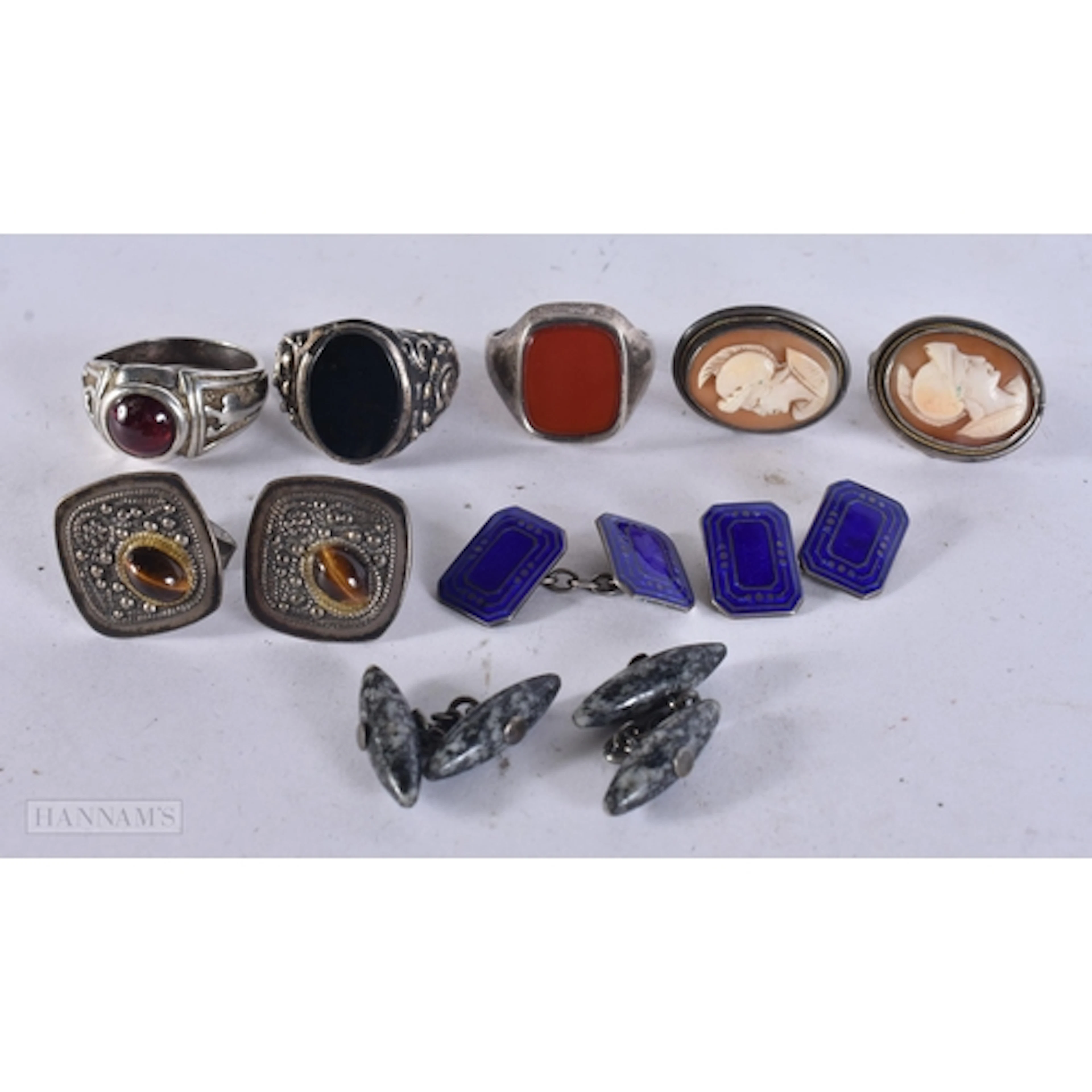 Four Pairs of Silver Cufflinks (Cameo, Tigers Eye, Enamel an...