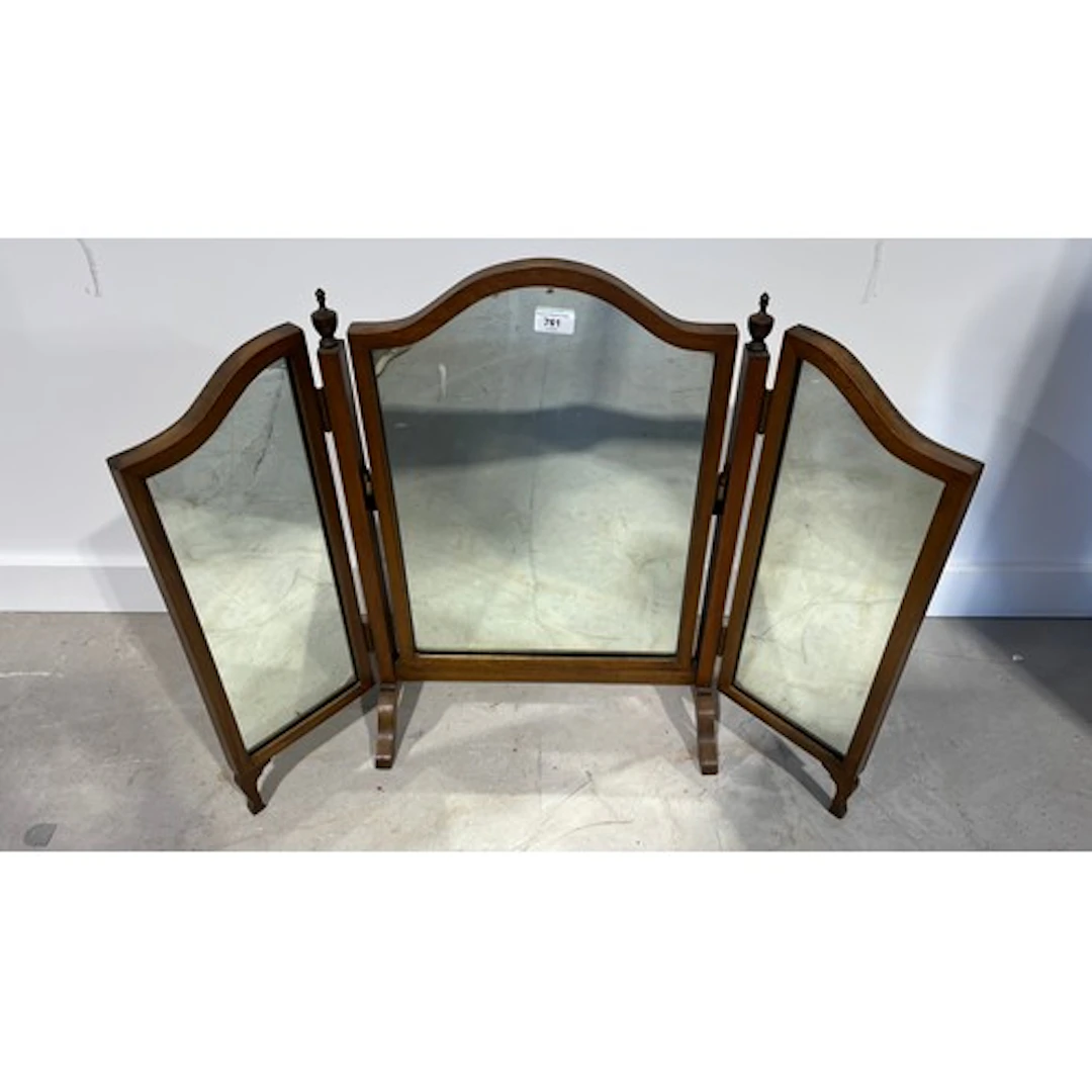 Mahogany triptych tabletop mirror.