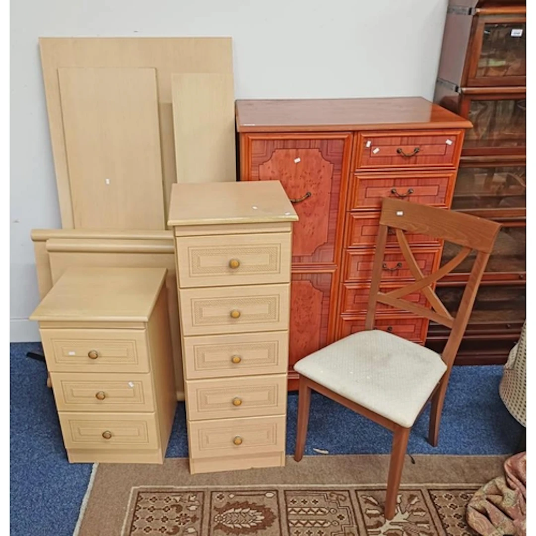 YEW EFFECT WARDROBE, DESK, PAIR OF BEDSIDE CHESTS, ETC