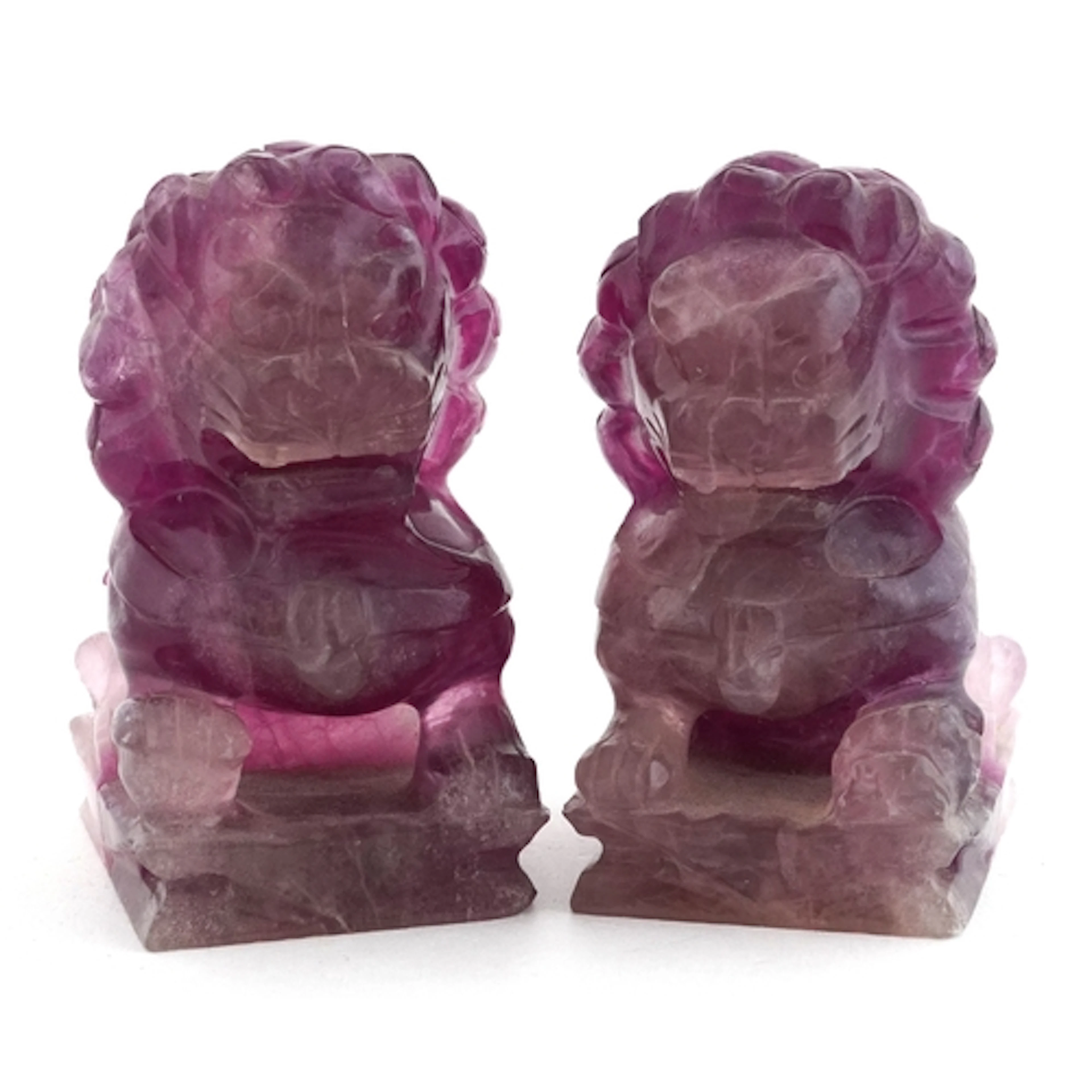 Pair of Chinese purple and pink fluorite temple lions, 7.5cm...