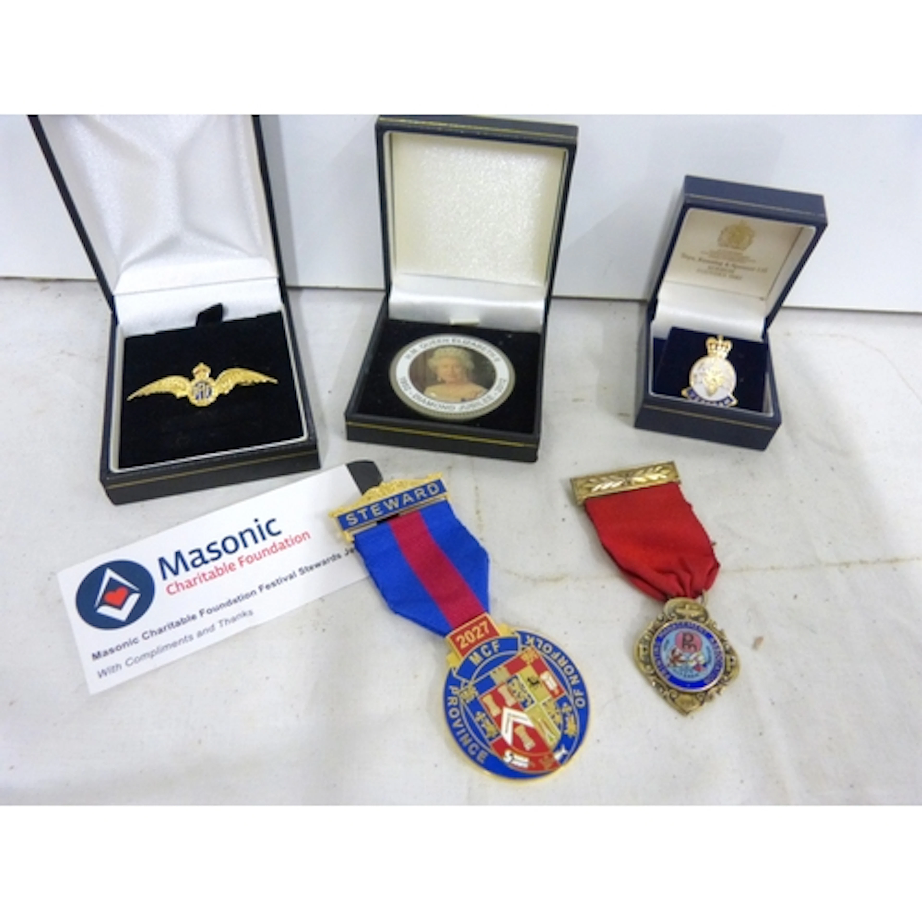 Collection of various pin badges to include masonic jewel, R...
